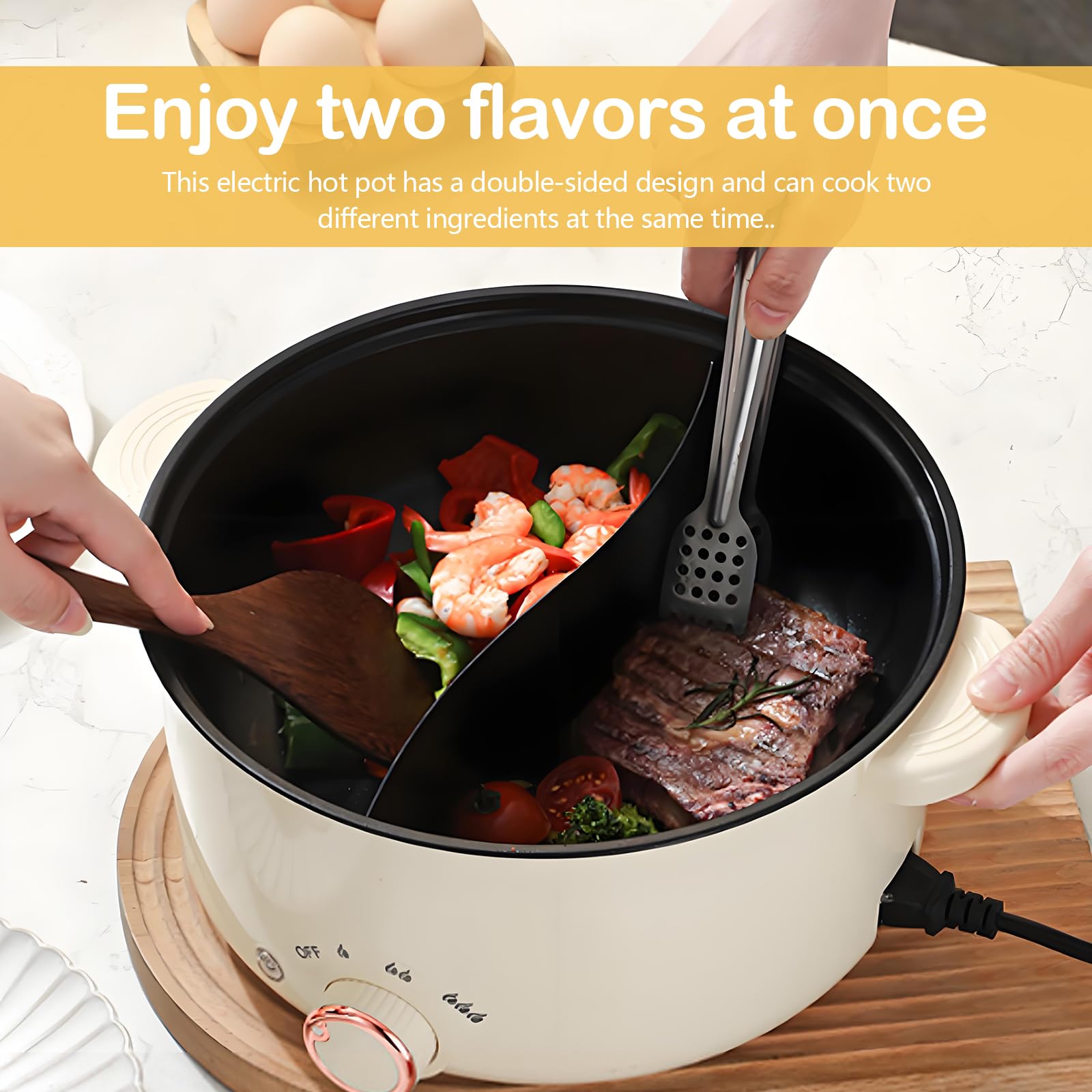 Hot Pot, Olla eléctrica de 4 L con compartimentos Antiadherente Crockpot de 1000 W con 3 Ajustes de Potencia para Cocinar Guisos Hacer Sopa Cocinar Fideos Freír Filetes y Saltear Verduras