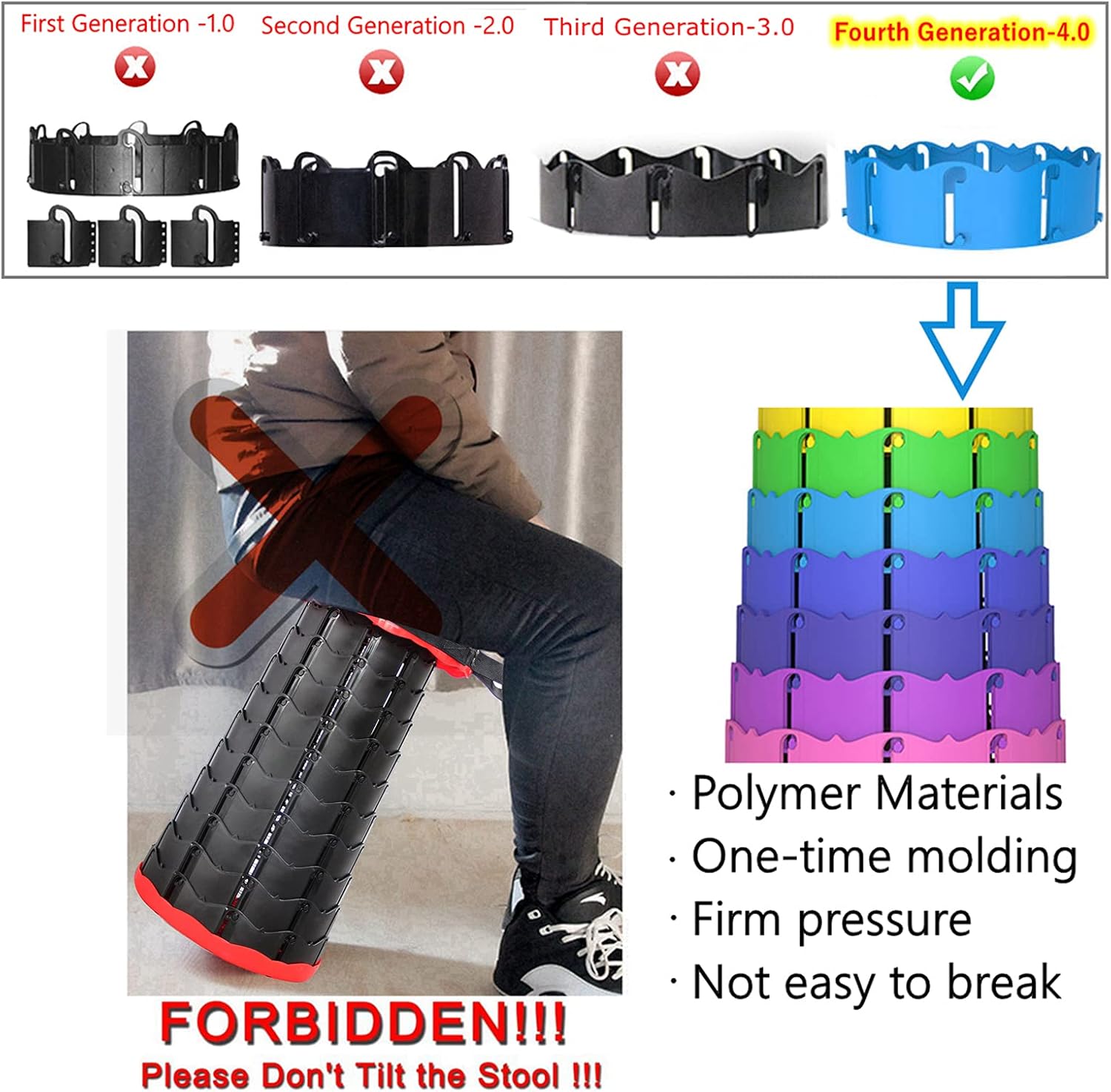 Jihong Upgrade 4.0 Portable Retractable Folding Stool, Modern Rainbow Plastic Seat, Telescopic Legs, Adjustable Height, 2.5-18 Inches, 350 lbs Capacity, Ideal for Hiking, Camping, Fishing, Picnic