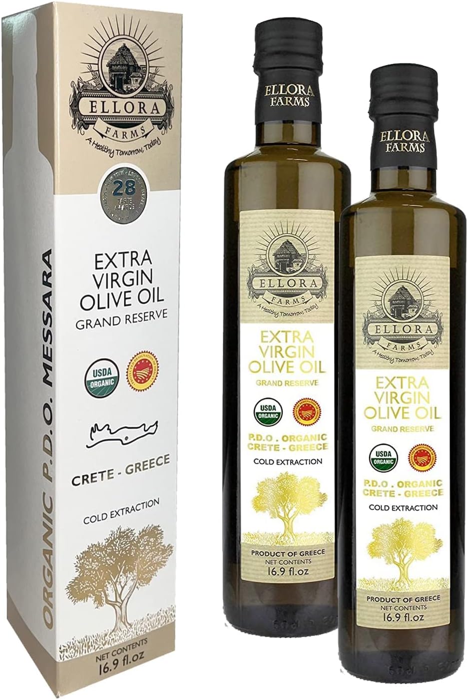 Ellora Farms, Organic Extra Virgin Olive Oil, PDO Messara, Greek Single Estate, High Polyphenol, Cold Press, Traceable & Kosher, 17 FL oz, Pack of 2