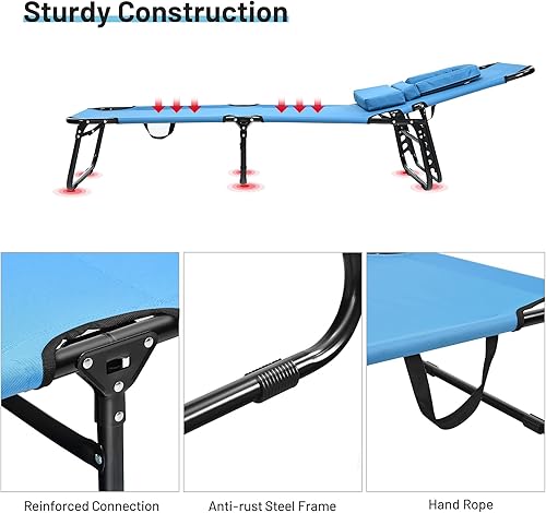 Miniatura 9 de Giantex Tumbona para exteriores, silla de playa plegable con 5 posiciones ajustables, agujero, almohada desmontable, cuerdas de mano, tumbona para