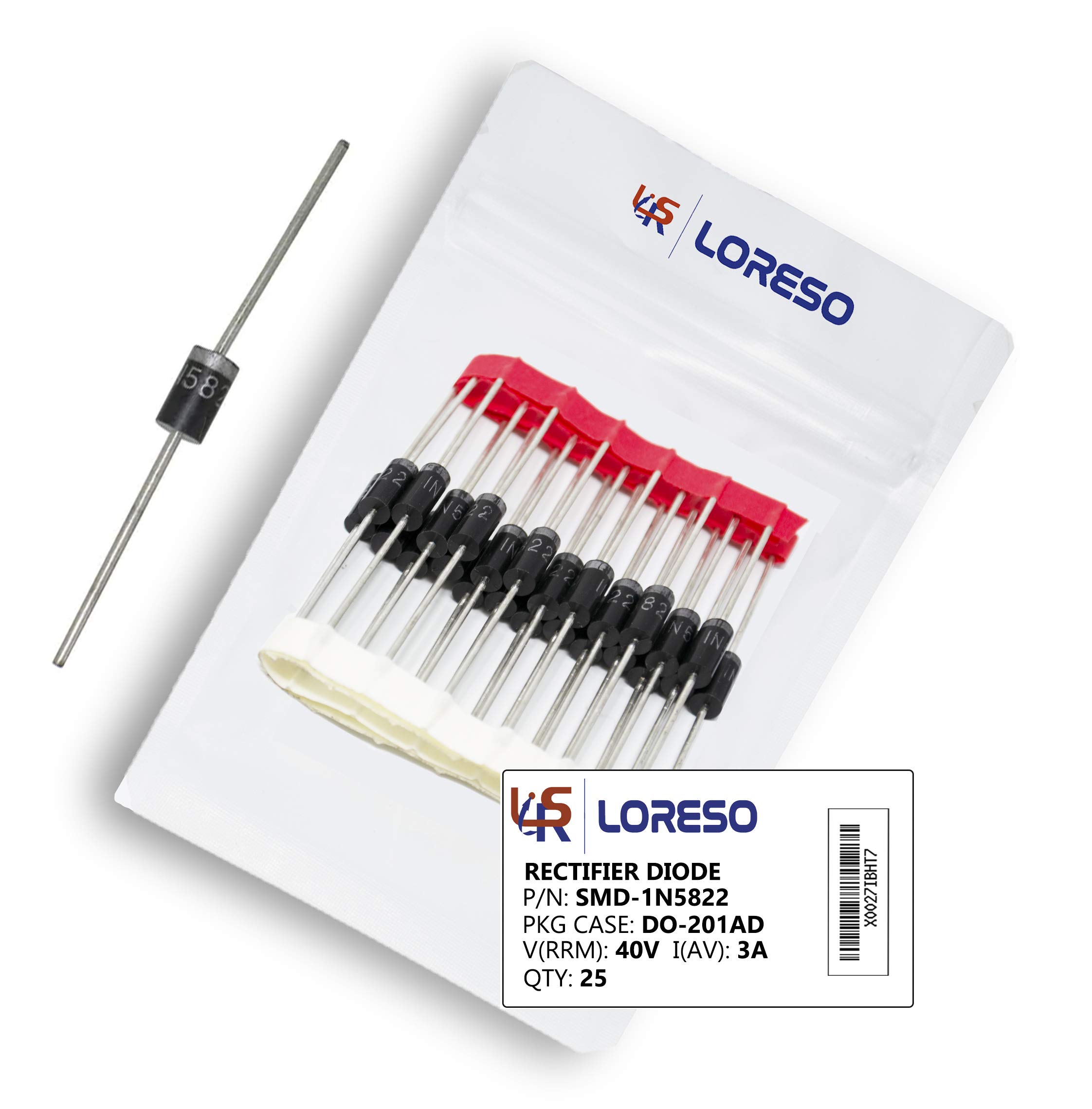 LORESO 1N5822 Diode, Pack of 25 - Schottky Blocking Barrier Rectifier Diodes Axial 5822 1N5822 40V 3A DO-201AD 3 Amp 40 Volt