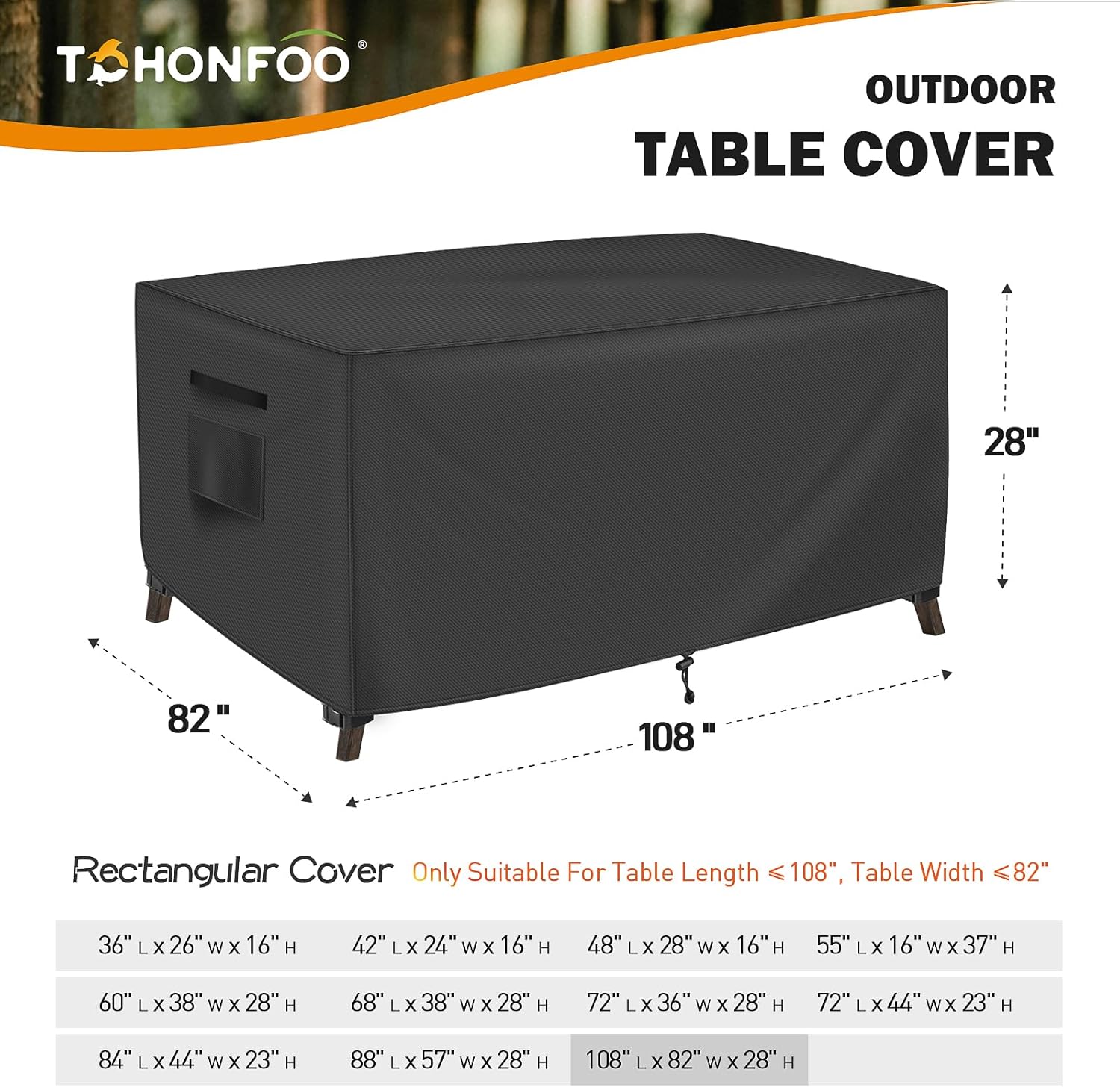 Rectangular Patio Table Cover, Outdoor Table Covers Waterproof, UV Resistant Outdoor Lawn Patio Furniture Covers, 108" L x 82" W x 28" H