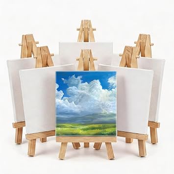 6 Pcs Mini Canvas and Easel, 10 x 10cm Canva | 8 x 15cm Wooden Easel Set for Paintings, Exhibitions, Sketches, Artistic Creation, Table Top Arts mini Canvas and Easel