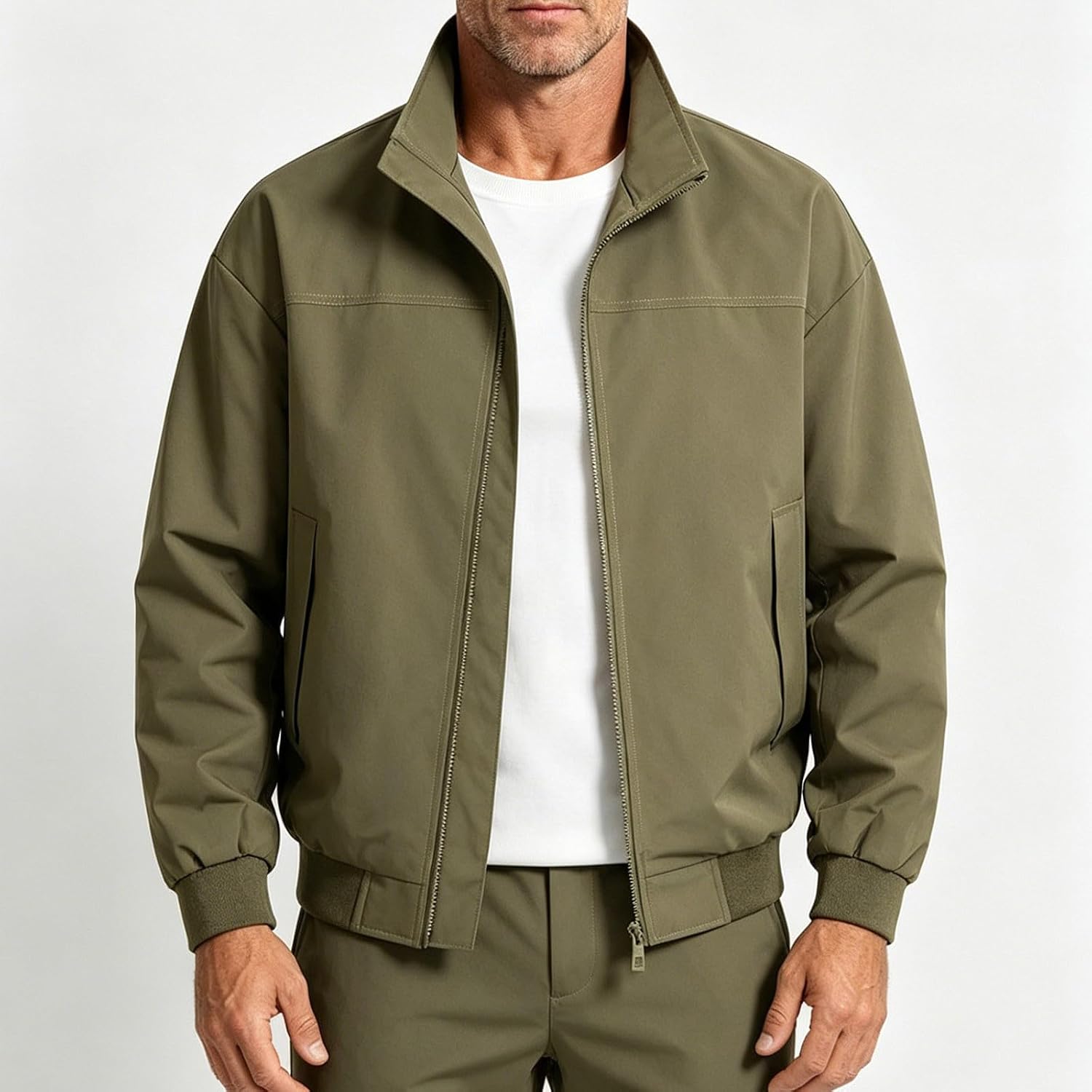 Men's Stand Collar Zip Up Jacket Long Sleeve Waterproof Loose Coat Fall Winter Trendy Street Outerwear With Pockets