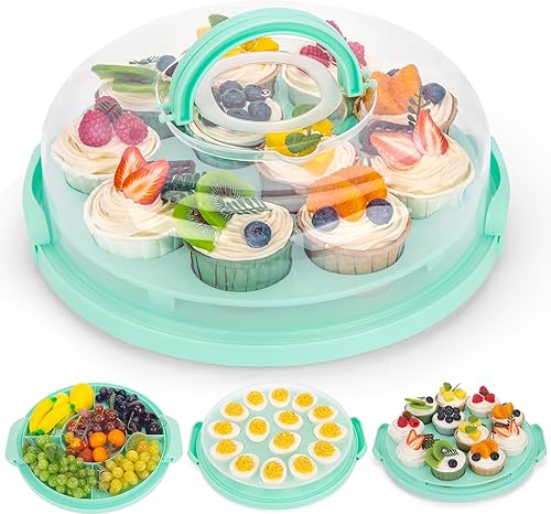 HANSGO Porta pasteles redondo, recipiente para pasteles con tapa y asas, 3 en 1, multiusos, para cupcakes, huevos de diablo, 10 pulgadas, apto para