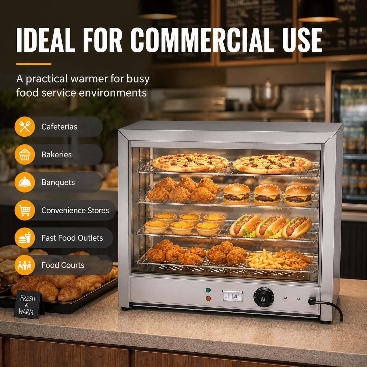 SHZICMY Vitrina para mantener el calor con iluminación, 4 pisos, calentador de alimentos, 800 W, 30-85 °C
