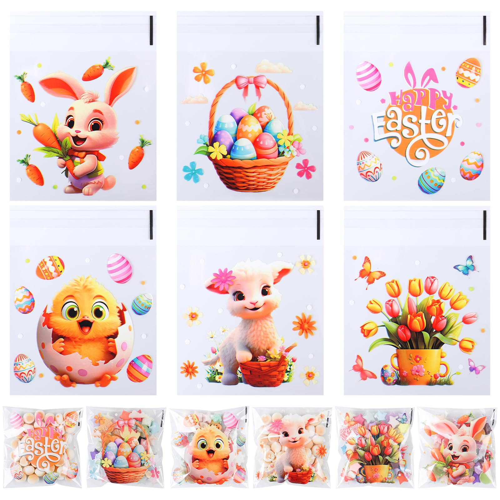 CCINEE 240pcs Easter Treat Bags Clear Self-adhesive Candy Bags Cellophane Plastic Cookie Bags for Party Favors Easter Decoration