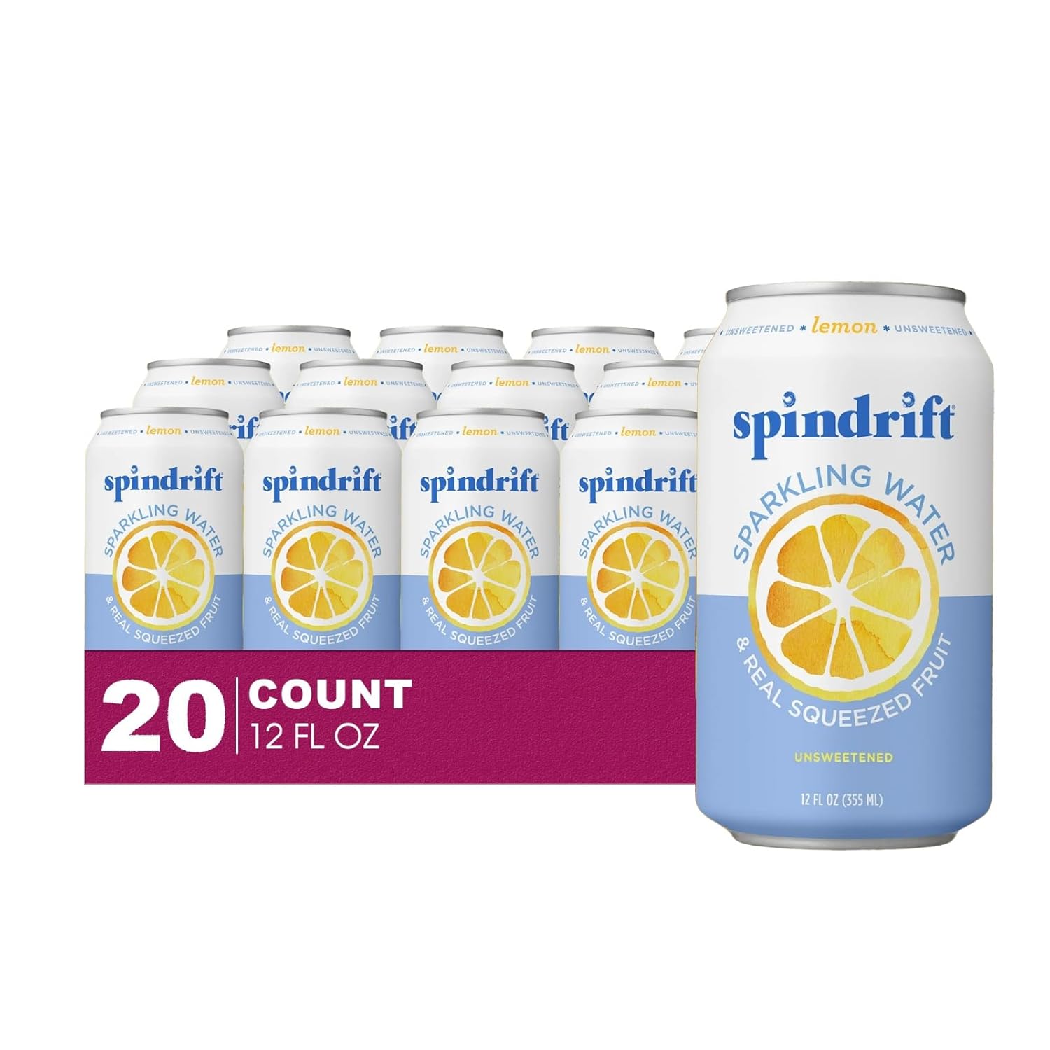 Spindrift 20- Pack of Lemon Sparkling Water & Real Squeezed Fruit 12 fl oz Can