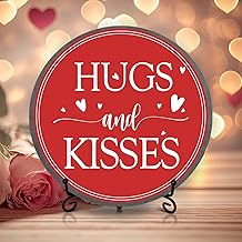 Valentines Day Decorations - Valentines Day Gifts for Women Couple - Hugs and Kisses - 8 Inch Wooden Sign for Home Table Shelf Decor -A05