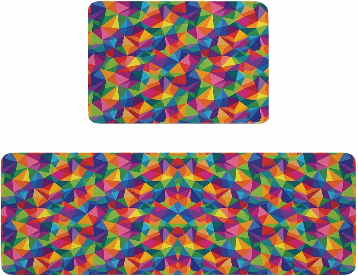 Colorful Geometric Kitchen Rugs and Mats Set of 2, Non-Slip Kitchen Sink Mat, Modern Multicolor Abstract Motifs Washable Doormat Bathroom Rugs Runner for Bedroom/Living Room 17.7"x30"+17.7"x47.2"