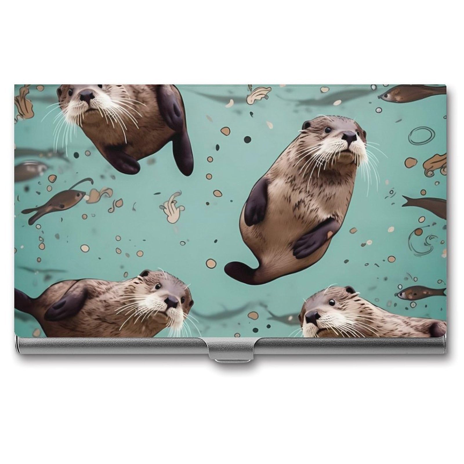 DWVTSLH Otters Business Card Holder, Slim Portable Metal Business Card Case Pocket Wallet Professional Name Cards Holder for 22-30 Cards, Credit Card ID Case/Holder for Men Women