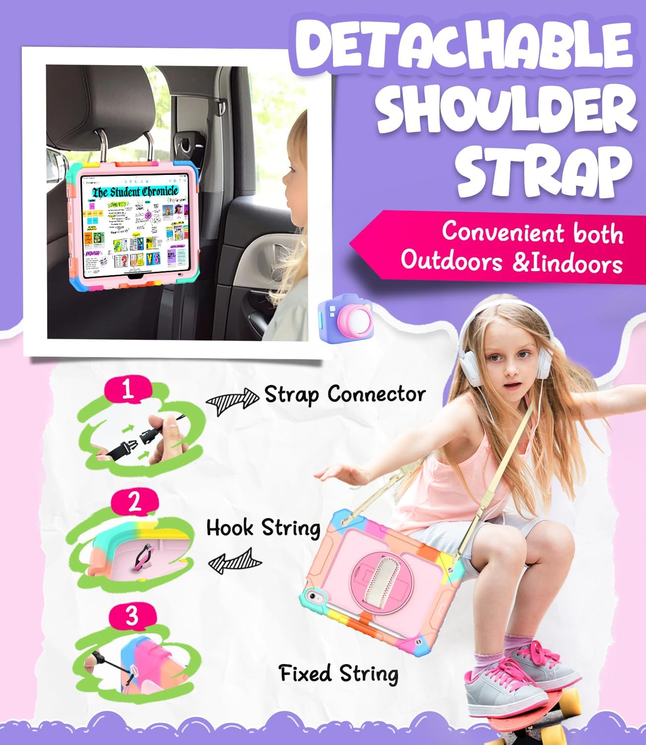 Cantis Case for iPad (A16) 11th Generation 11 inch 2025 for Girls Kids, iPad 10th Generation 10.9 inch 2022 with Screen Protector/Rotating Stand/Shoulder Strap/Pencil Holder, Camouflage+Light Pink