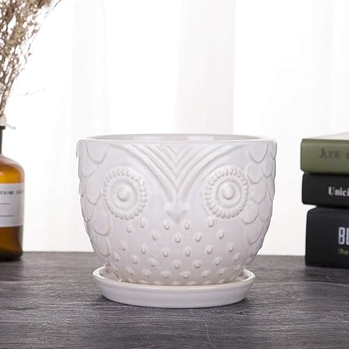 Miniatura 3 de VanEnjoy Macetas de cerámica de búho blanco de 6.5 pulgadas para plantas medianas, suculentas, con platillo