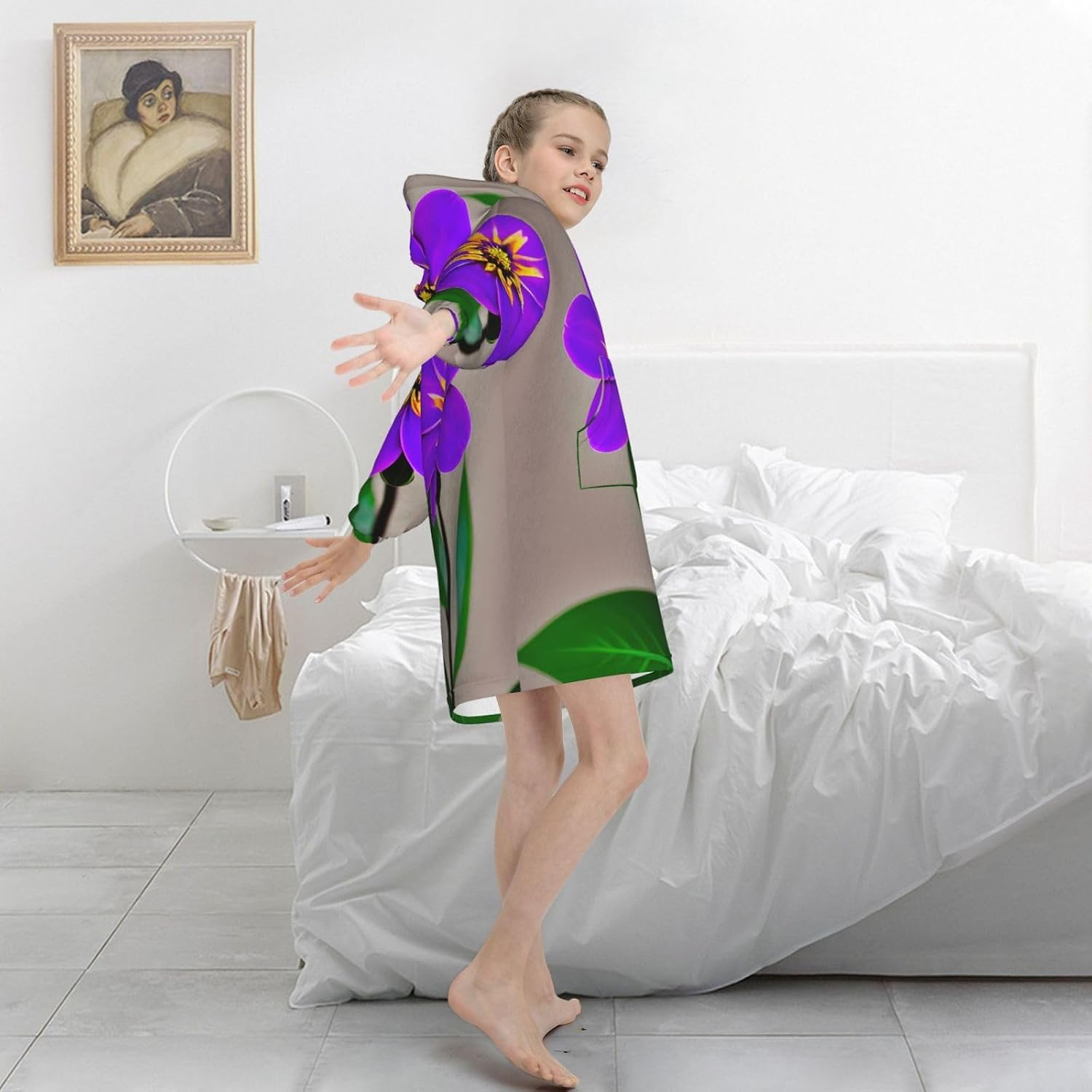 Purple Flower Print Oversized Blanket Hoodie, Wearable Blanket Hooded,Hooded Pullover With Pocket