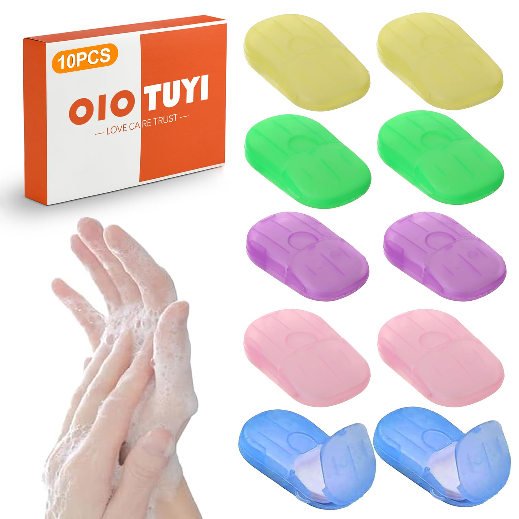 OioTuyi 200Stück Einweg Seifenblätter (10x20 Stück) für Reisen, Camping & Outdoor - Papierseife to Go, Tragbare Mini Seifenblättchen mit Umweltfreundlichem Material