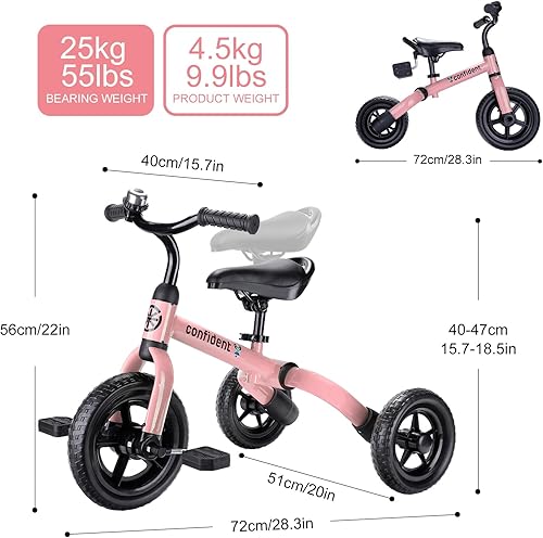 Miniatura 7 de YGJT Triciclo 3 en 1 para niños pequeños de 2 a 5 años, bicicleta de equilibrio plegable para niños con asiento ajustable y pedal extraíble,