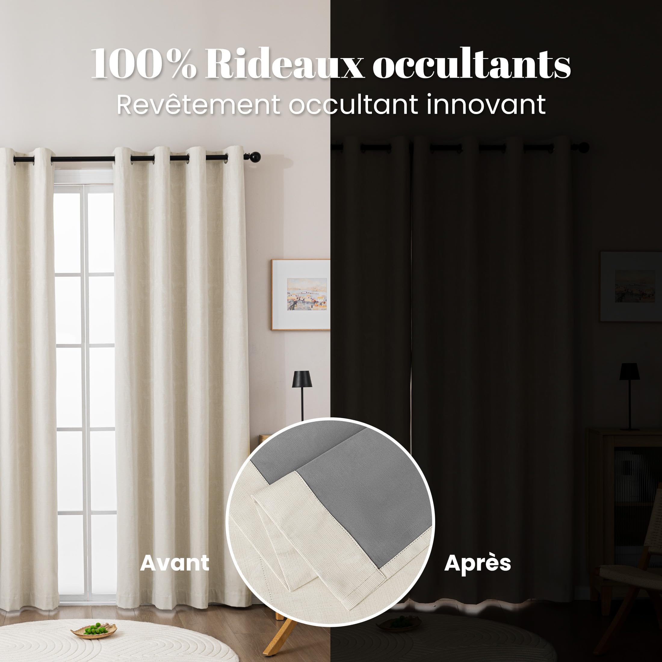 Sonive Rideaux Occultants 100%, Lot de 2 avec Œillets, H300 x L145cm | Rideaux Jacquard Thermiques pour Chambre, Salon Beige