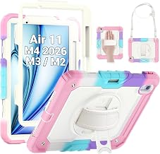 SEYMAC Case for iPad Air 11 Inch M4/M3/M2 for Kids, Colorful Pink | Heavy Duty Shockproof Protective, Built-in Screen Protector, 360° Rotating Stand, Hand/Shoulder Strap, Pencil Holder