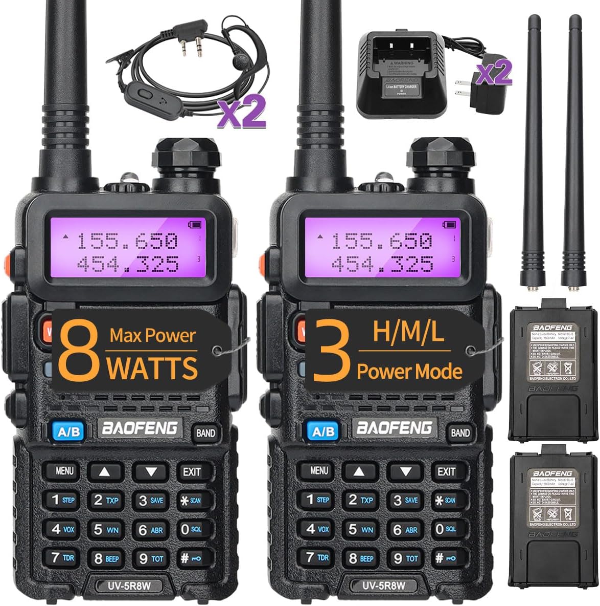 BAOFENG UV-5R Ham Radio Kits 8W High Power Dual Band Baofeng Radio Handheld Radio Long Range Walkie Talkie for Adult,2pack, Black+8W-2Pack