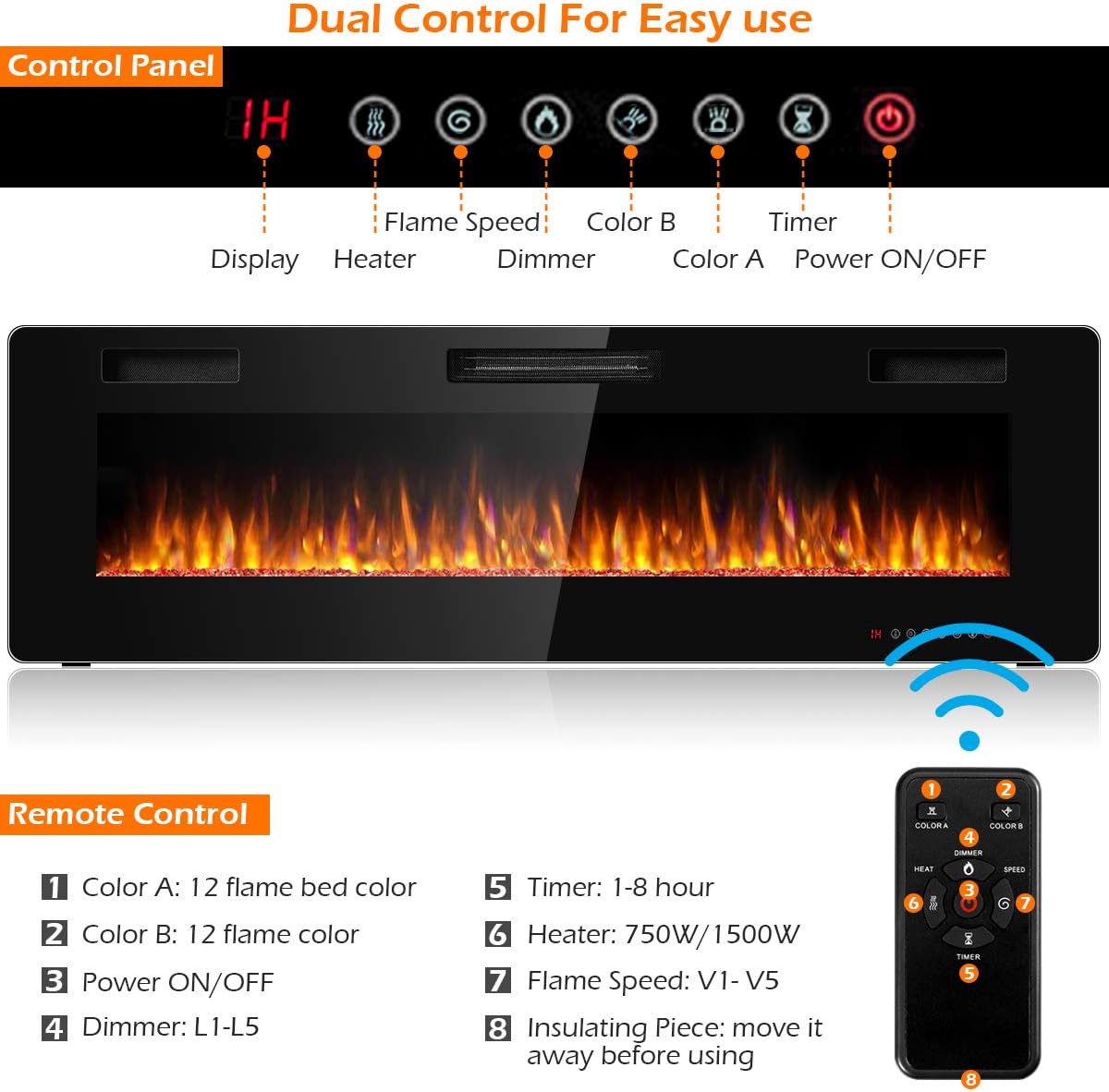 S AFSTAR 60 Inches Electric Fireplace Insert, 750W/1500W Recessed Electric Fireplace w/ 12-Adjustable Flame Color & Speed, Remote Control, Timer, Touch Screen (60” x 18.11”)