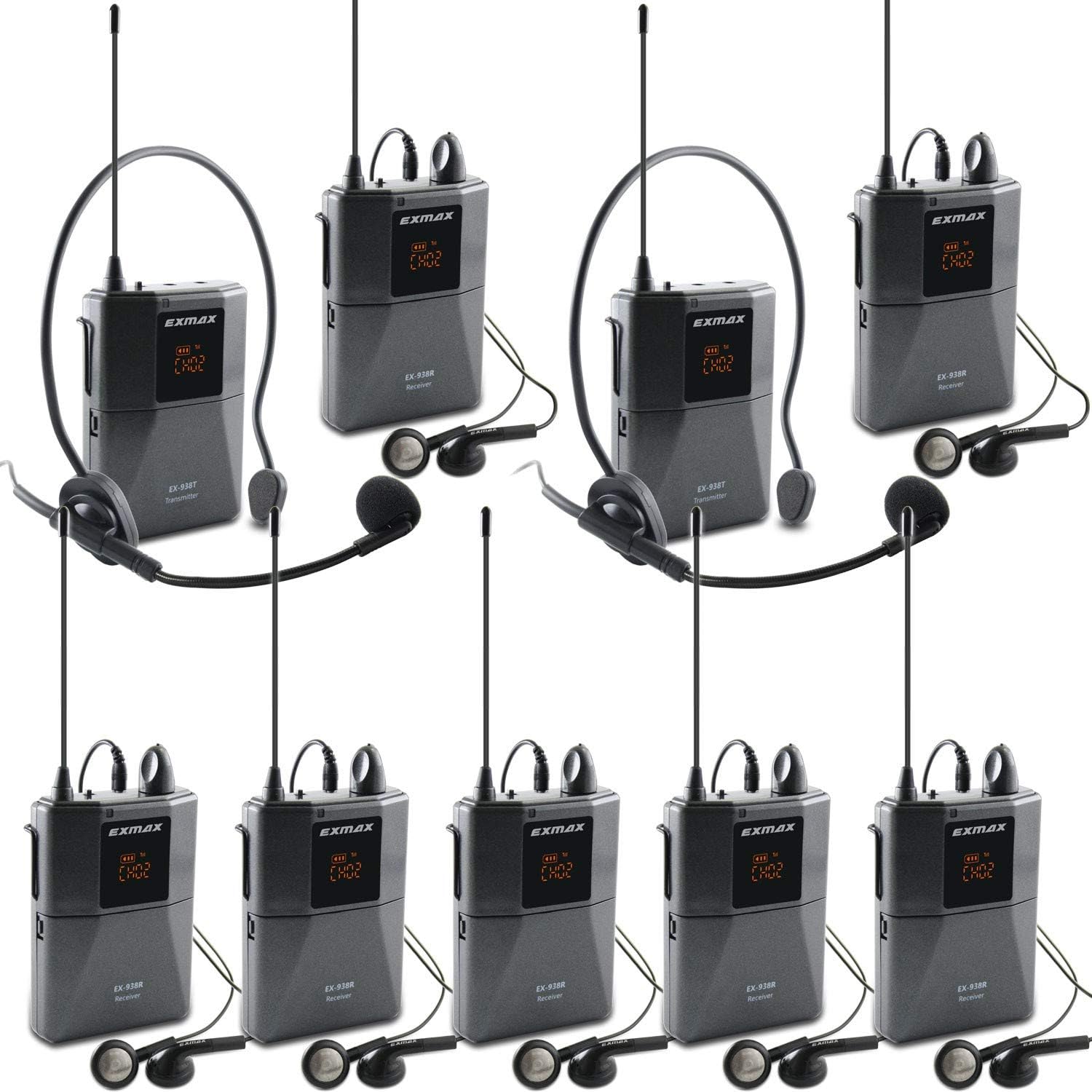 EXMAX EX-938 UHF Voice Acoustic Transmission Wireless Audio Tour Guide System for Museum Factory Visiting Quad Safari/Segway Tours Square Dance Hajj Social Distancing - 2 Transmitters & 7 Receivers