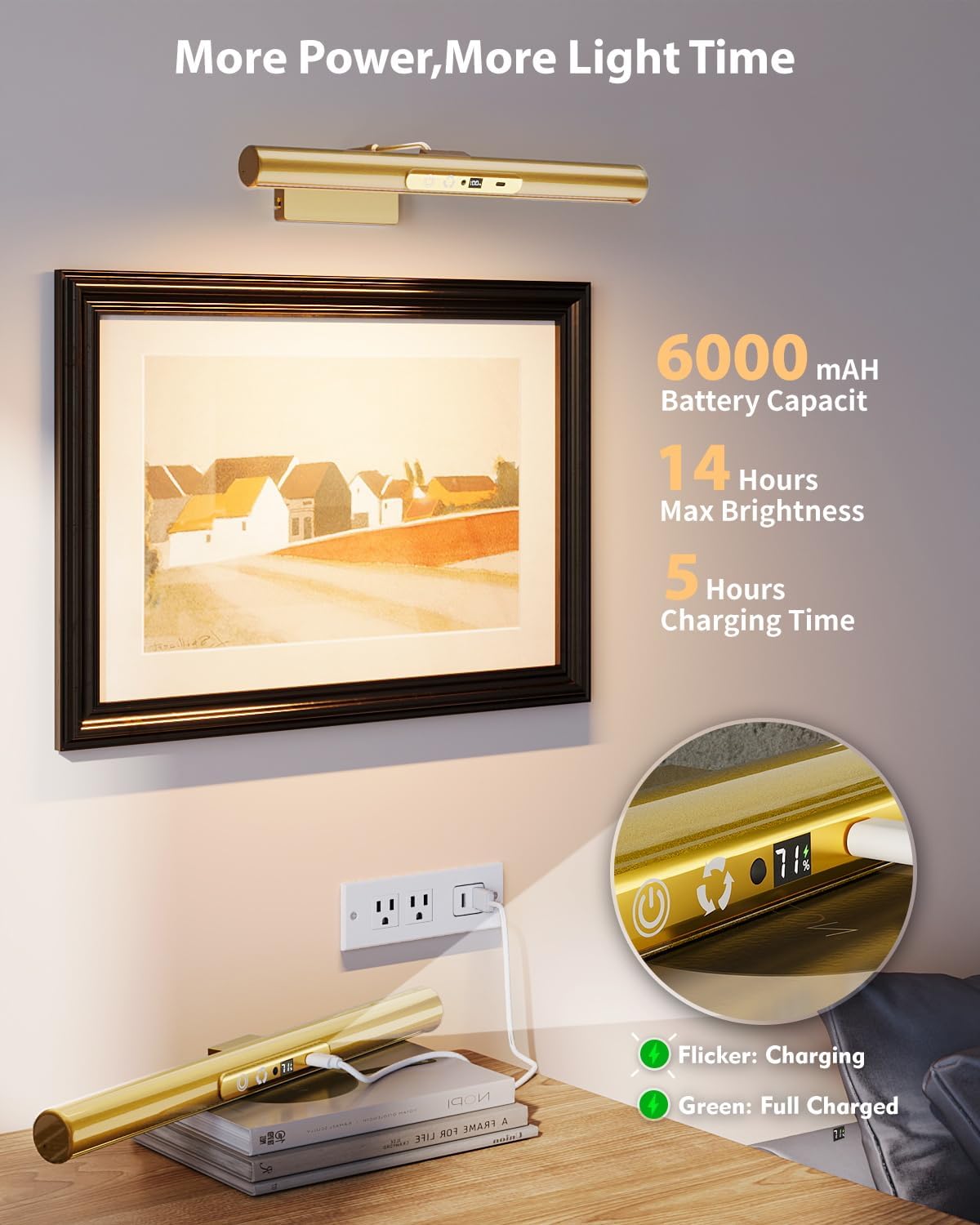 Picture Light for Wall, 6000mAh Rechargeable Wireless Wall Lights Remote, 13'' Dimmable LED Art Painting Light with 3 Color Temps, Display for Gallery, Living Room, Hallway (Gold, 1Pack)