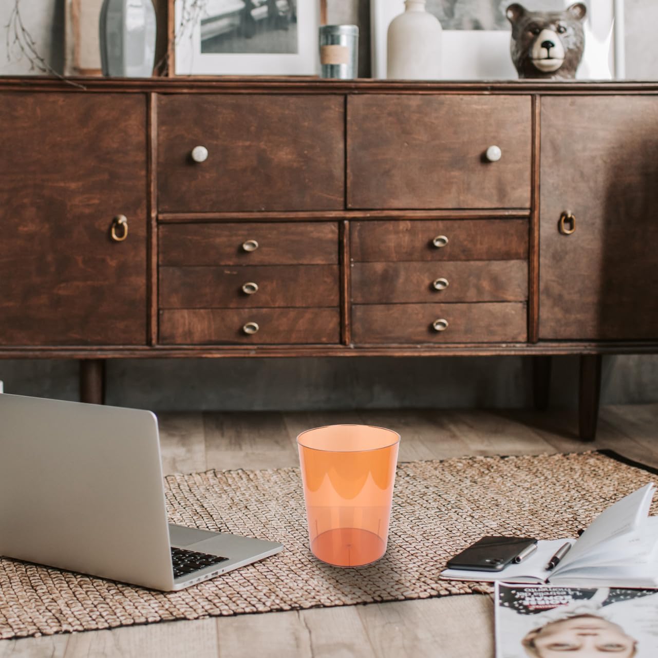 Housoutil Modern Simple Orange Wastebasket Trash Can with Design, Medium Size Paper Bin for Office and Home Storage, Creative Flower Holder and Rubbish Barrel for Desk Organization