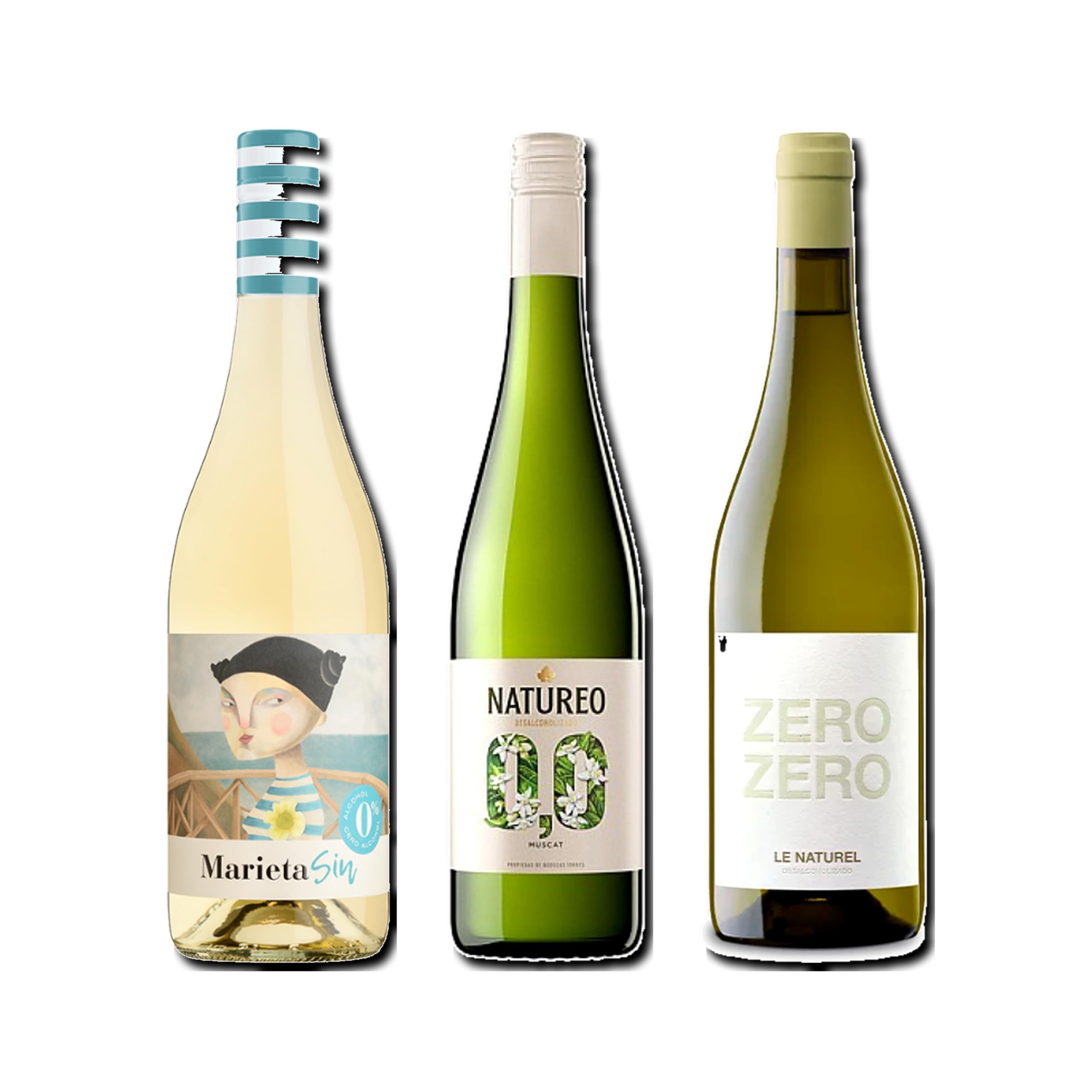vino sin alcohol 0,0 Marieta, Natureo Blanco Muscat y Zero Zero Le Naturel Blanco pack de 3 botellas 75cl