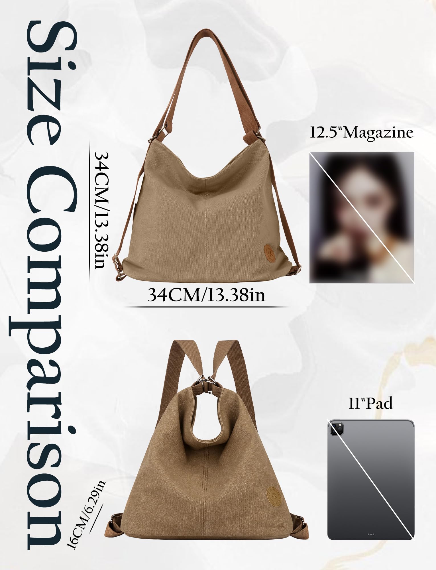 Bolso grande de lona para mujer, 4 en 1, convertible y ligero, para el trabajo, viajes