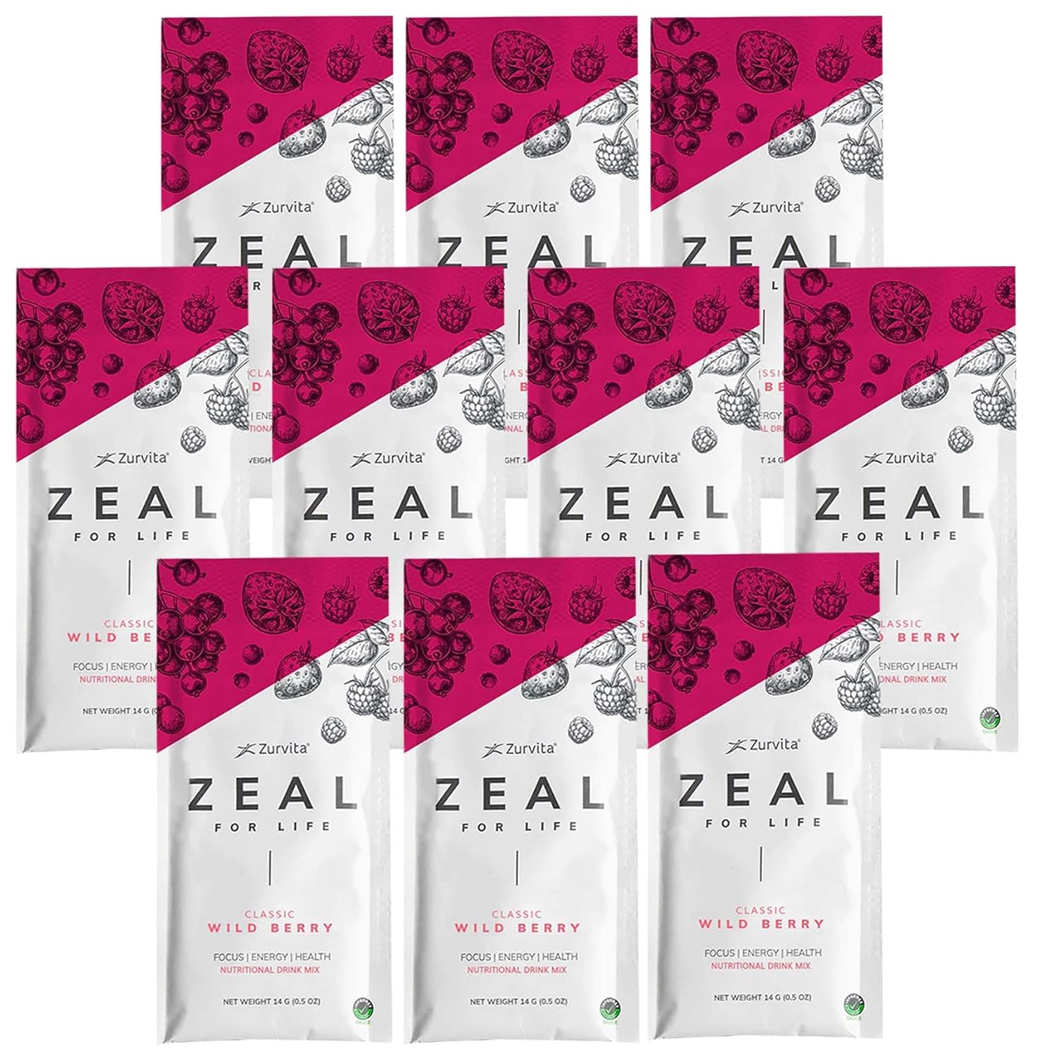 Zurvita - Mistura de Bebida Wellness Zeal for Life Sabor Wild Berry (Clássico) - Sem Glúten, Vegano, com Vitaminas e Minerais - 10 Pacotes Individuais de 14 g