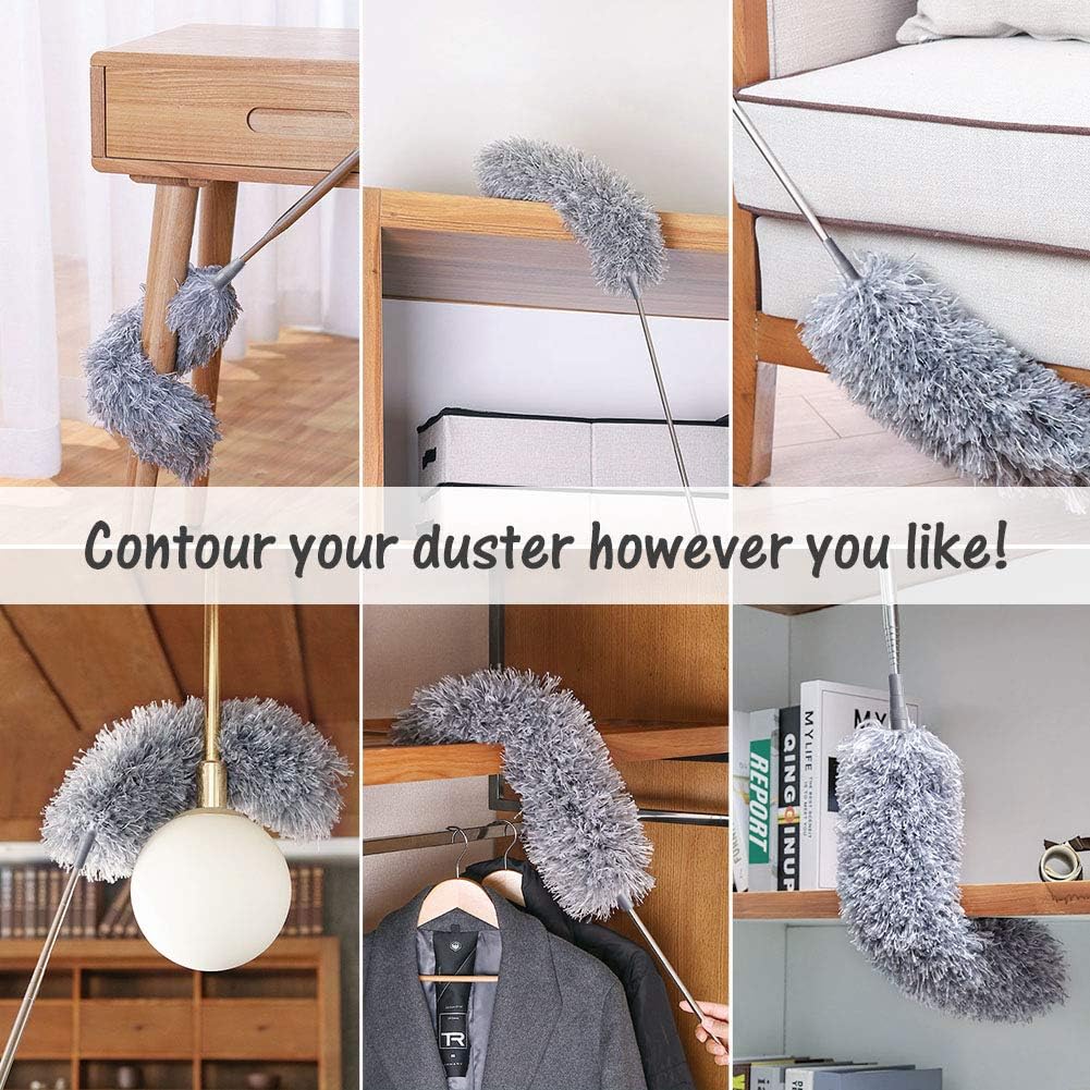 Microfiber Dusters for Cleaning with Extension Pole (30-100 inches), with 2 Bendable Head, Scratch-Resistant Cover, Bendable, Washable, Detachable, Extendable Duster for Cleaning Ceiling Fan