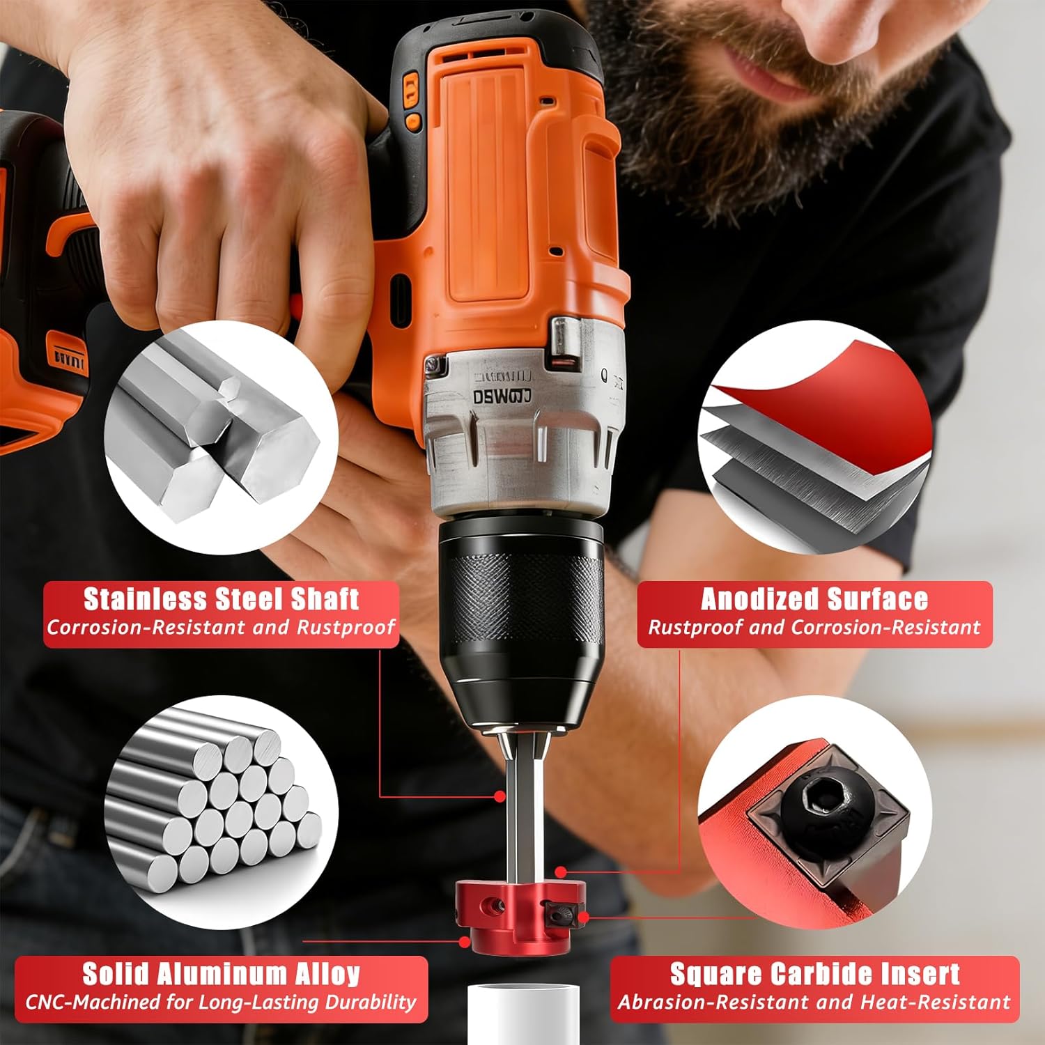 8-Piece PVC Pipe Reamer Kit - Qoobly Plastic Pipe Fitting Reamers for 1/2" Drills, Compatible with SCH40 PVC CPVC ABS Pipes - Reamer Sizes from 1/2" to 4" for Tubs Professional Pipes Repairs DIY Use