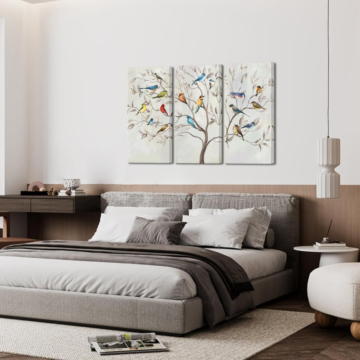 KREATIVE ARTS Large 3 Panel Canvas Prints Wall Art Birds on The Tree Branches Contemporary Painting Retro Style Picture Arts for Home Decoration Stretched Gallery Canvas Wrap Each 16x32Inches