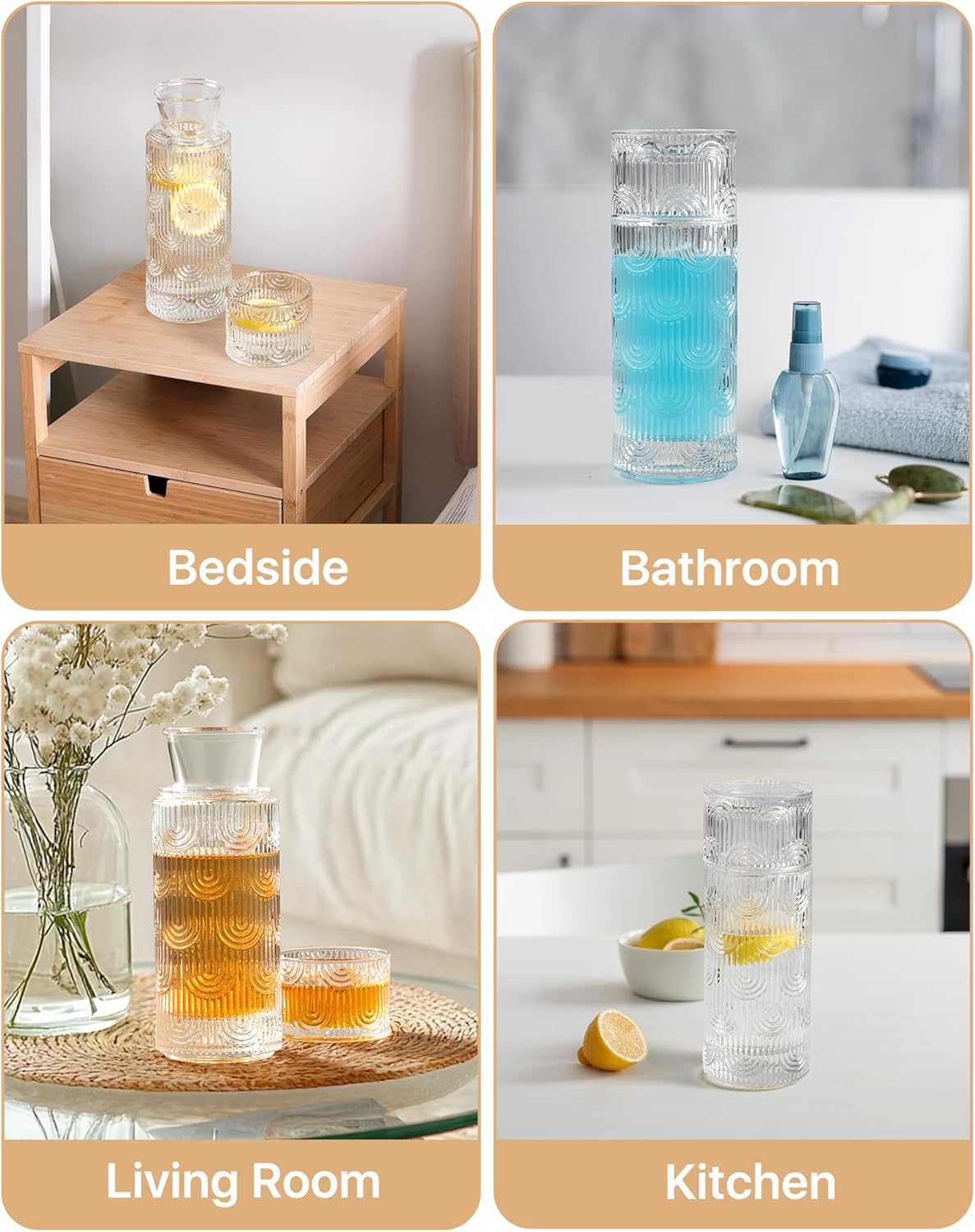 Bedside Water Carafe and Glass Set, Mouthwash Dispenser for Bathroom, 21.6 Oz Glass Water Bottles with 6 Oz Drinking Cup as Lid, Pitcher for Nightstand, Kitchen (Clear) - Image 8