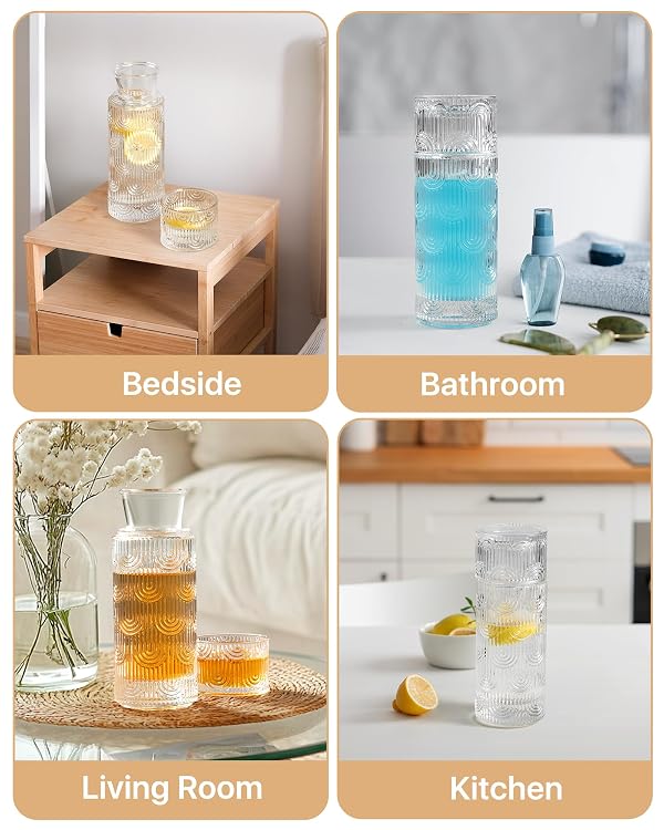 DmmyAlzx Bedside Water Carafe and Glass Set, Mouthwash Dispenser for Bathroom, 21.6 Oz Glass Water Bottles with 6 Oz Drinking Cup as Lid, Pitcher for Nightstand, Kitchen (Clear) by DmmyAlzx - Image 7