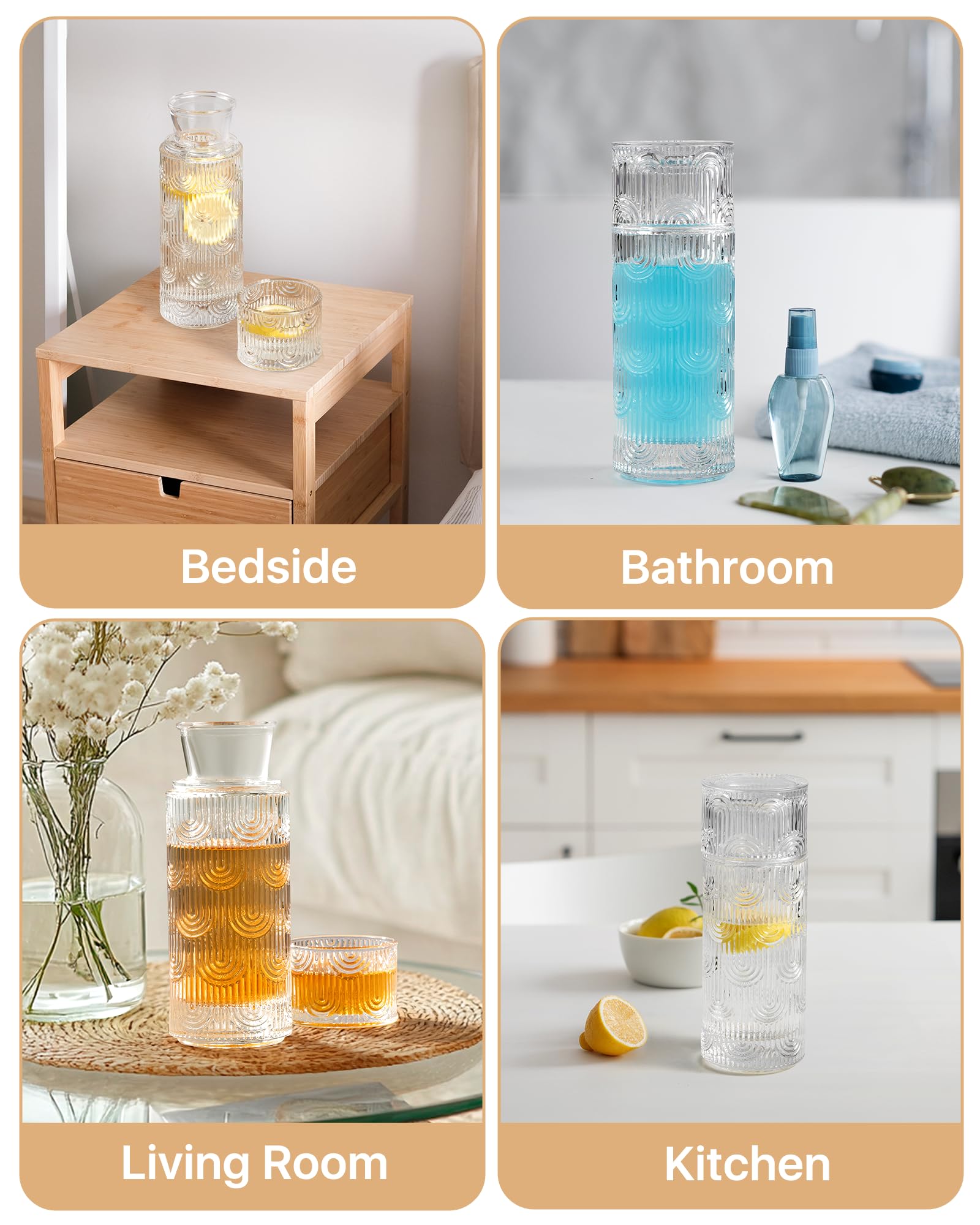 Juego de jarra de agua y vaso para mesita de noche, 612.3 g, transparente | Jarra de 21 onzas con taza de 6 onzas como tapa para agua, agua de limón, té helado, enjuague bucal de baño, servicio diario