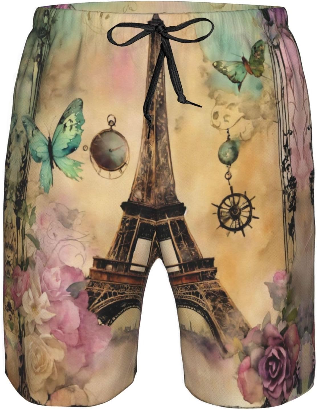Paris Eiffel Tower Print Men's Quick-Drying Shorts Casual Beach Pants Stretch Waist Shorts and Pockets
