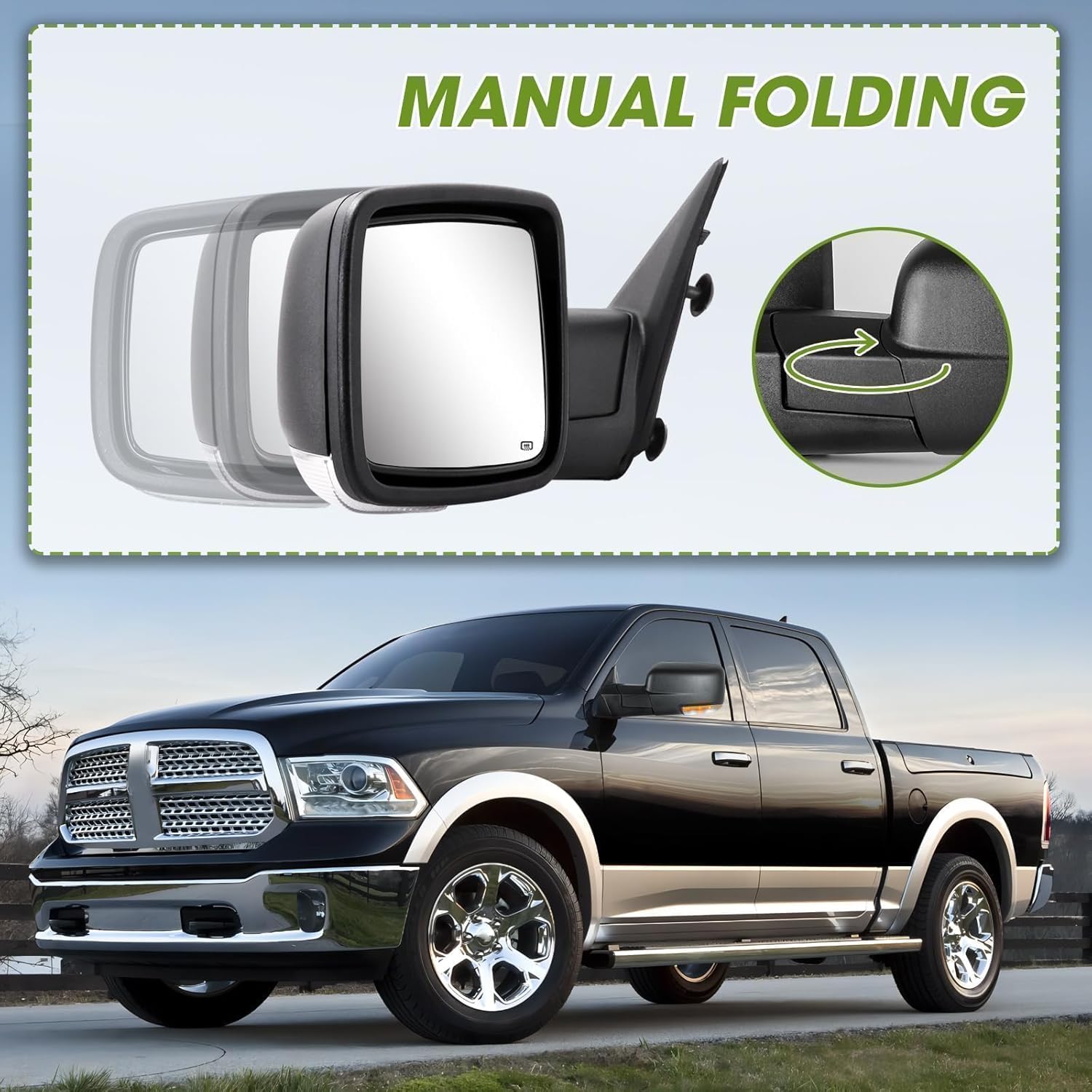 Driver Side Mirror for 2009-2018 Ram 1500 2010-2018 Ram 2500 3500 2019-2024 1500 Classic Tow Mirror Power Heated Turn Signal Puddle Light Manual Folding-Left (Textured Black)