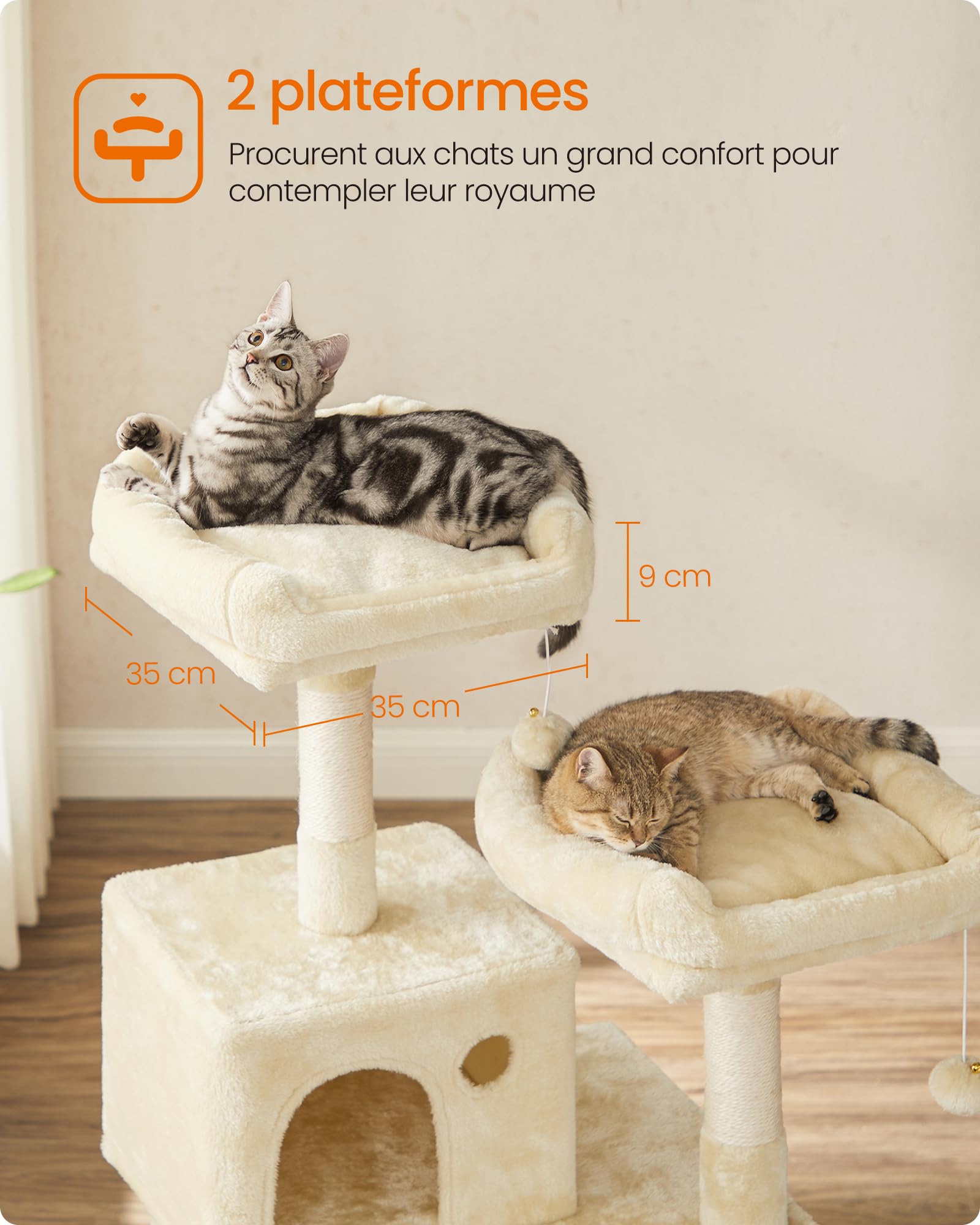 Feandrea Arbre à Chat Hauteur 143 cm, Tour de Jeux pour Chat, avec 11 Poteaux à Griffer, 2 Plateformes, 1 Niche, 1 Hamac, 2 Pompons, en Tissu Peluche, Plusieurs Niveaux, Beige PCT15BE