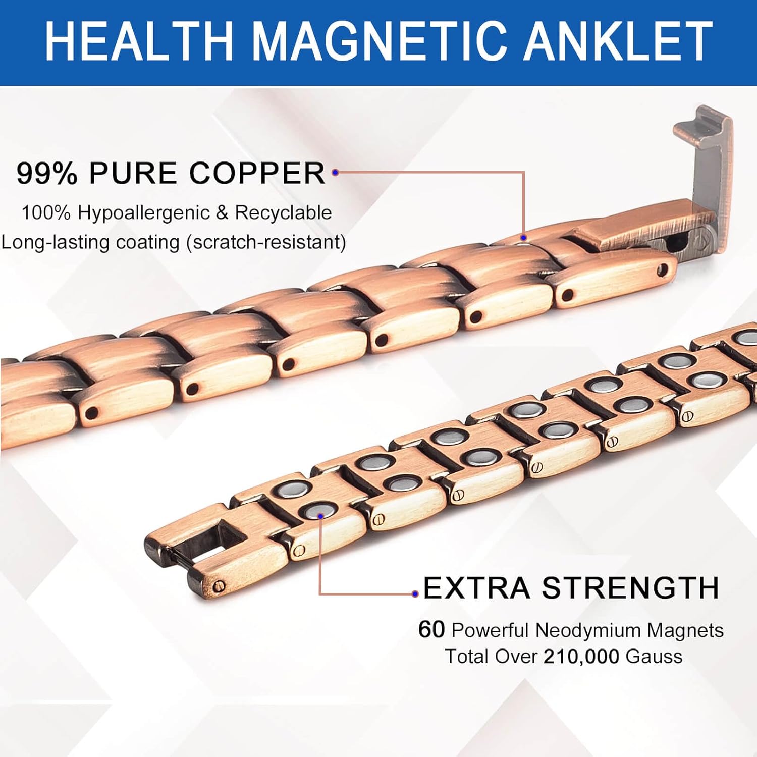 Men Pure Copper Anklet, 10'' Magnetic Ankle Bracelet Nepal Ubuy