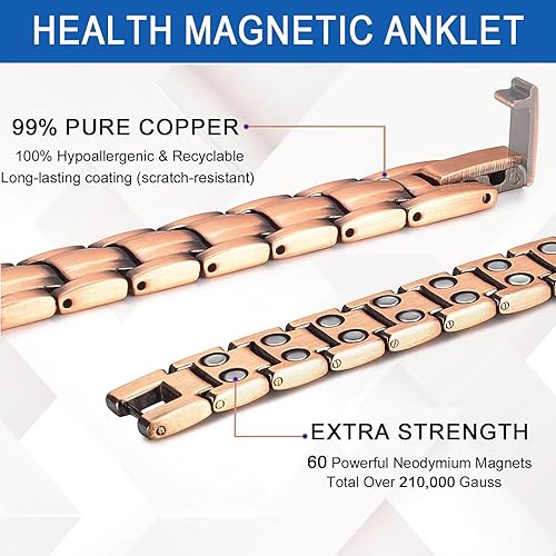 Miniatura 5 de Tobillera de cobre puro para hombre, pulsera de tobillo magnética de 10 pulgadas con imanes, regalo de joyería (tobillera para hombre), Metal, Imán