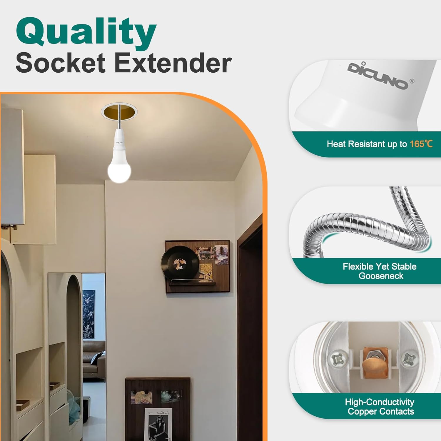 DiCUNO E26 to E26 Socket Extender (27.5CM/10.83 Inch Extension), Standard Screw Base, 165℃ Heat-Resistant No Fire Hazard, Maximum Wattage 200W, Bendable Light Bulb Extender Adapter, 2-Pack