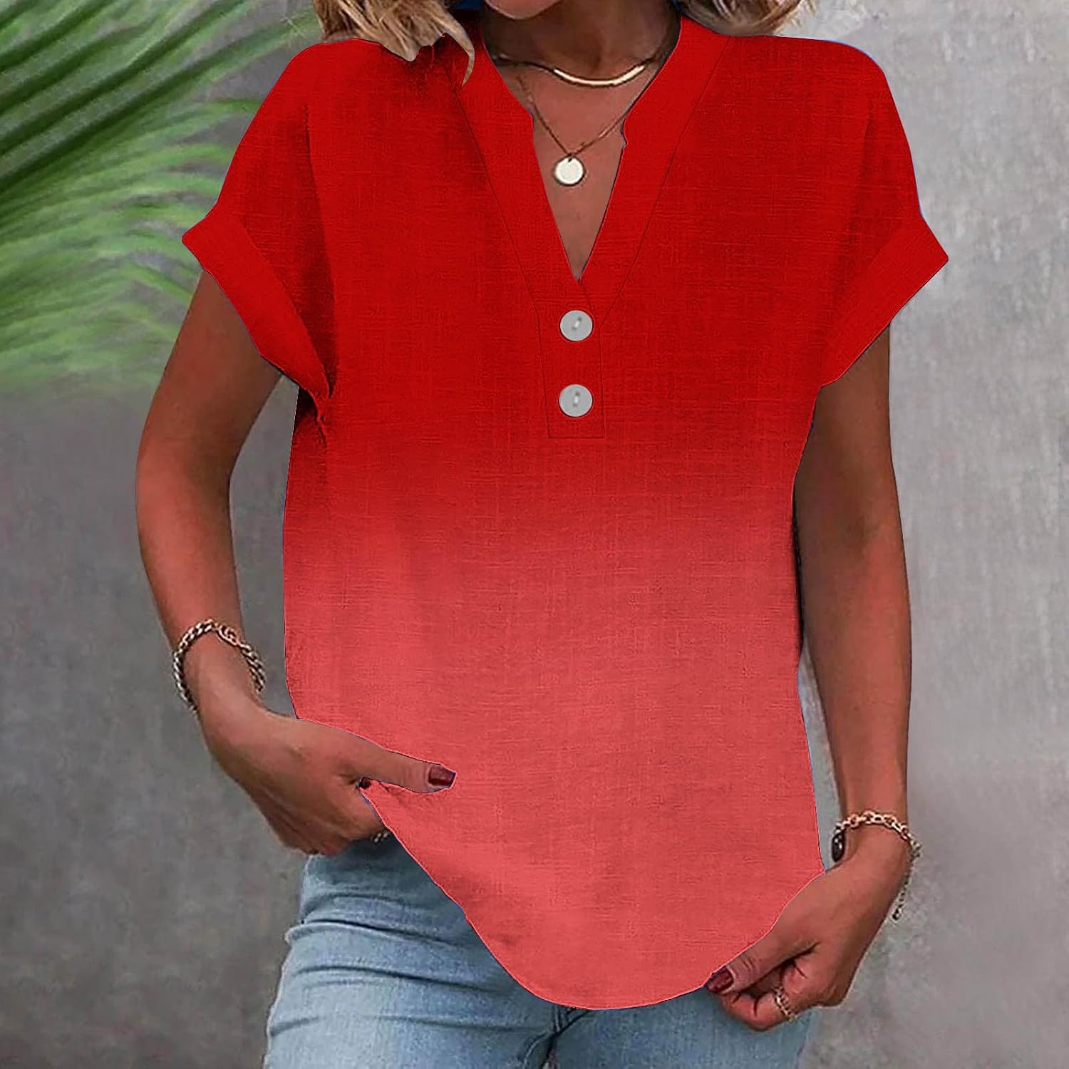 Cotton Linen Shirts for Women Gradient Tops Loose Fit Crewneck Button V Neck Daily Tshirts Summer Shirts Cute Blouse