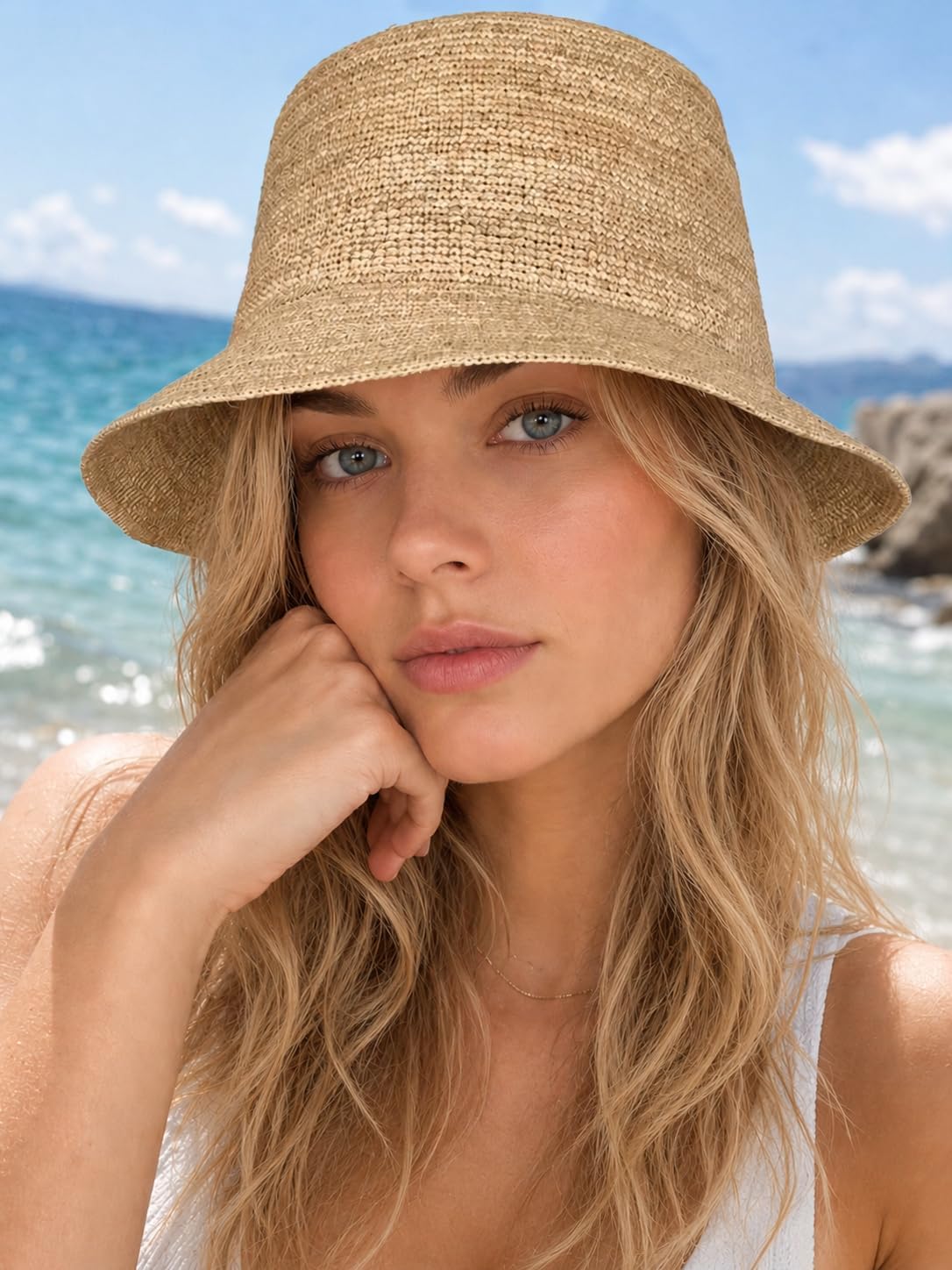 Women's Raffia Straw Bucket Hat Sun Beach Hat Woven Handmade Foldable Summer Travel Cap