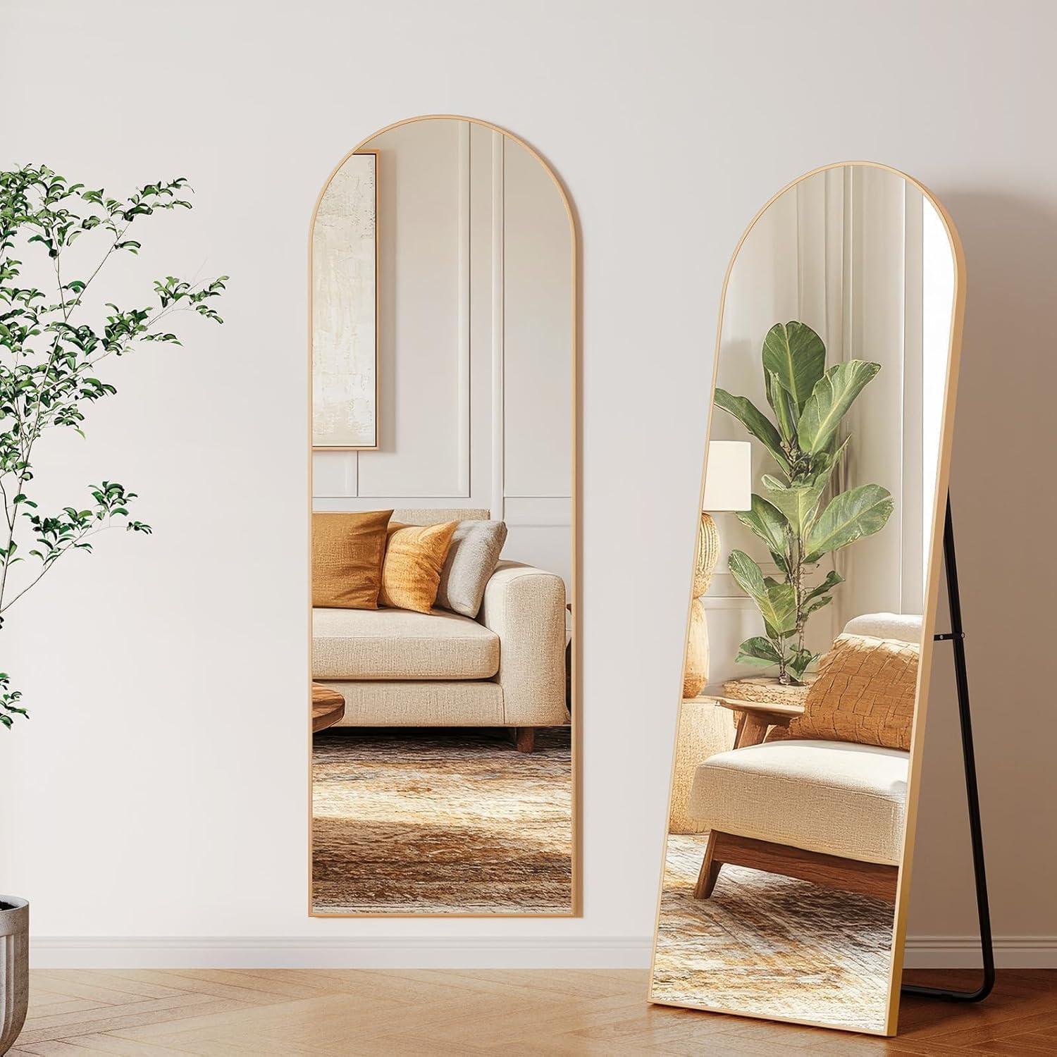 Clevich Specchio da Terra Curvo, 150 x 50 cm Specchio da Parete | con Cornice in Alluminio per Camera da Letto,Bagno,Ingresso e Corridoio, Oro