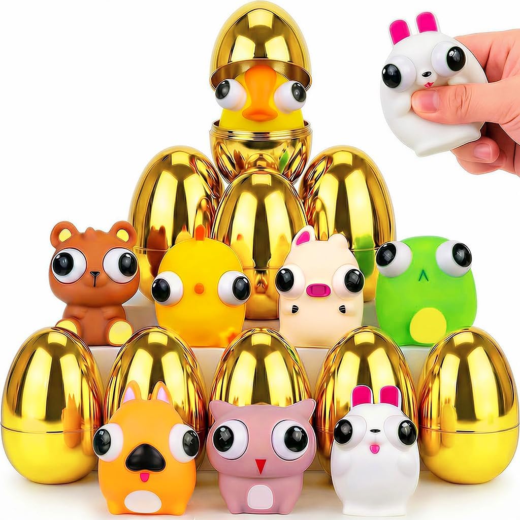 8 Pack Jumbo Golden Easter Eggs Fillers with Eye-pop Fidget Stress Toys, Easter Basket Stuffers Fillers Large Surprise Easter Eggs with Toys Inside, Easter Party Favors Eggs Hunts for Kids Boys Girls