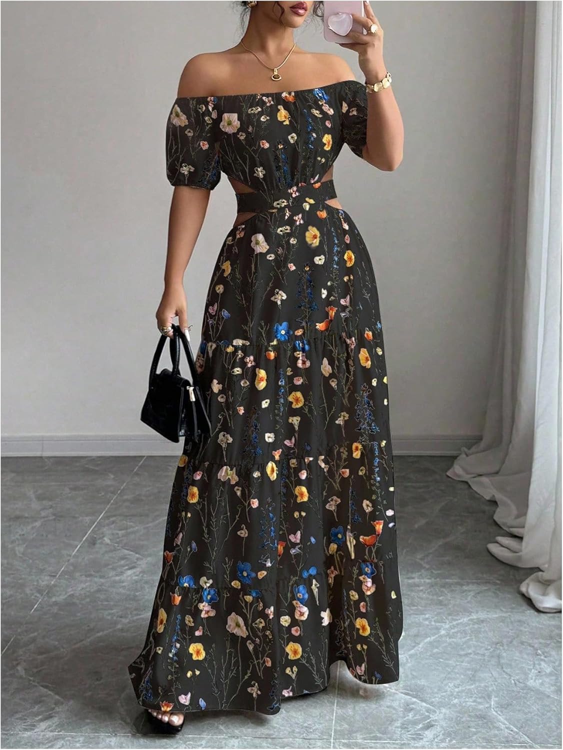 OYOANGLE Women's Floral Print Off The Shoulder Short Sleeve Boho Maxi Dress Cut Out Ruffle A Line Dresses - Image 2
