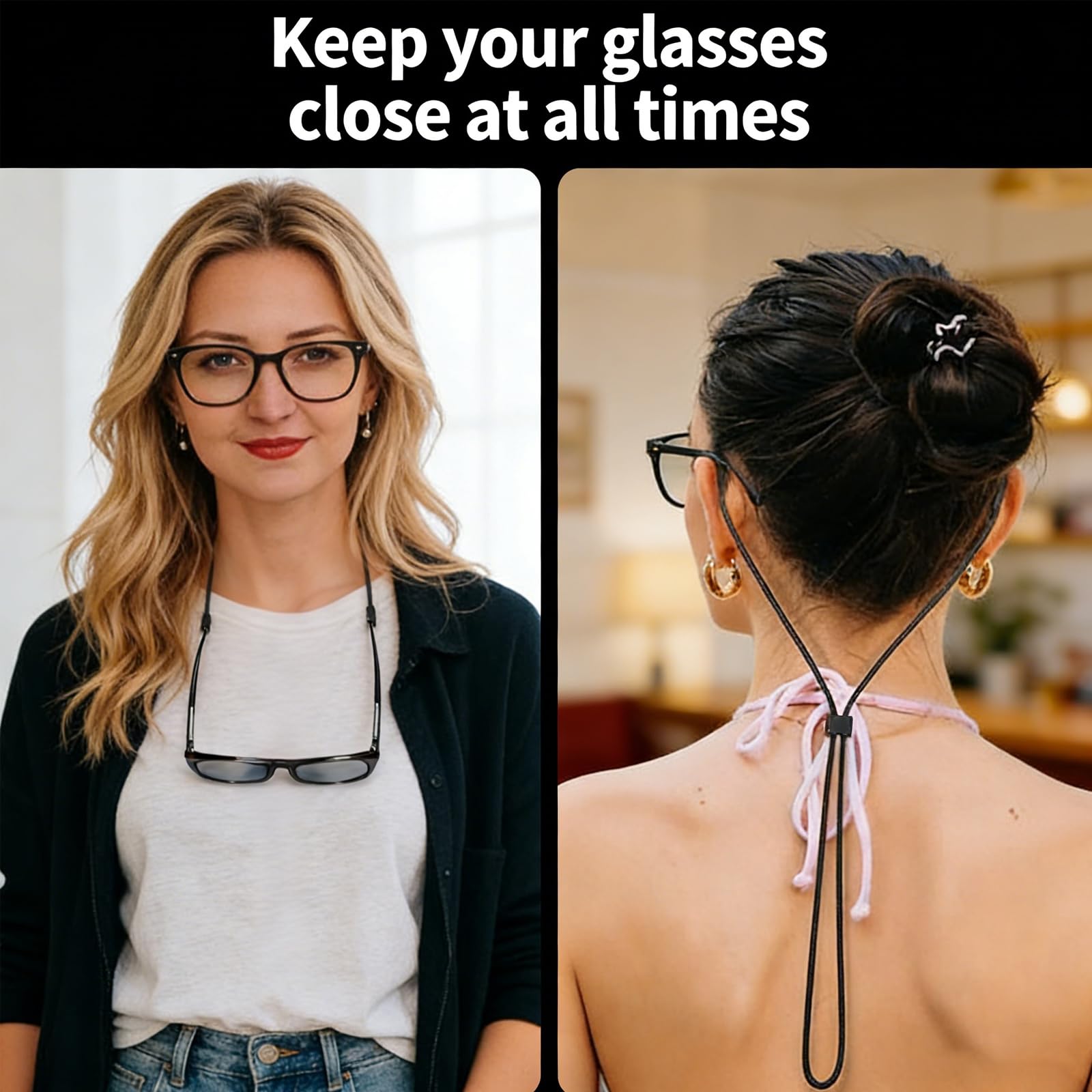 3 correas ajustables para gafas, cadena antideslizante para gafas, correas para gafas, con hebilla antideslizante de silicona, cadena de fijación de gafas de nailon, para salir, deportes, leer (negro) — view 5
