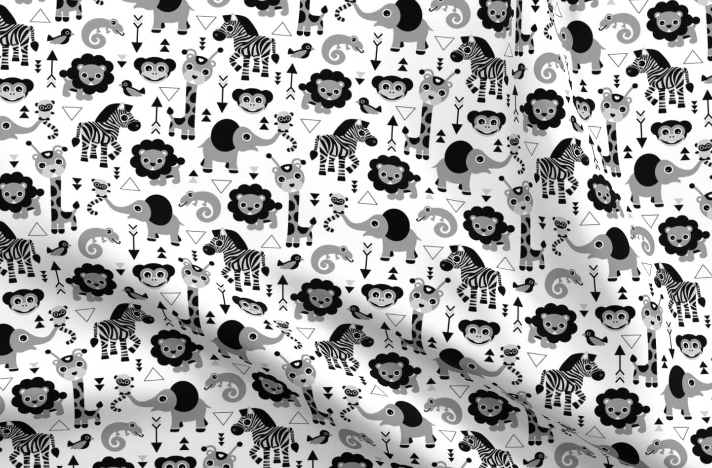 Spoonflower Fabric - Geometric Jungle Zoo Safari Animals Kids Boys Black White Gray Monkey Printed on Polartec(R) Fleece Fabric by The Yard - Sewing Blankets Loungewear and No-Sew