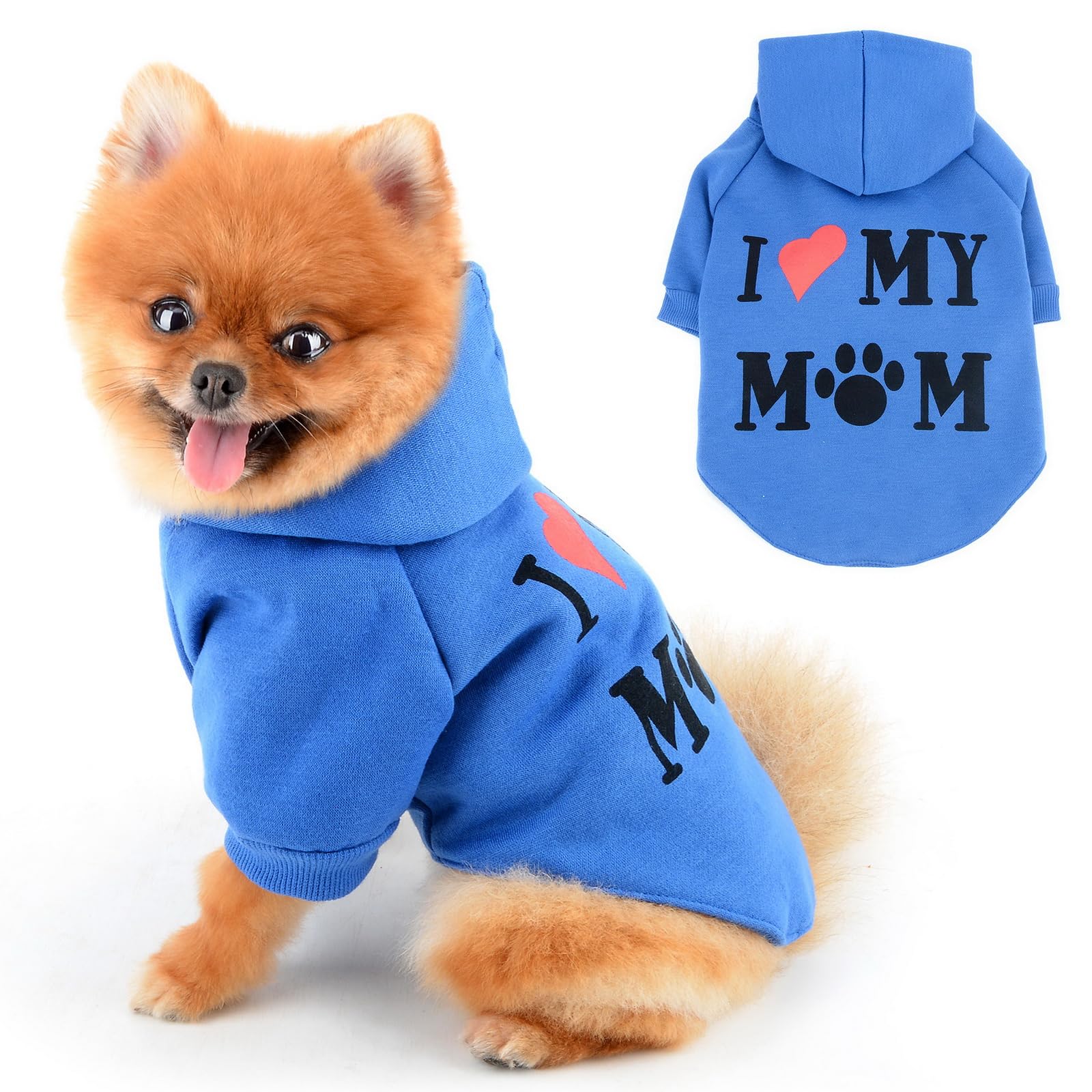 PAIDEFUL Warm Fleece Dog Coat for Small Dogs Soft Windproof Doggy Hoodie Fashion Puppy Sweatshirts with I Love My Mom Printed Thermal Pet Jacket Short Sleeve Cat Clothes Leash Hole,Darkblue,XL